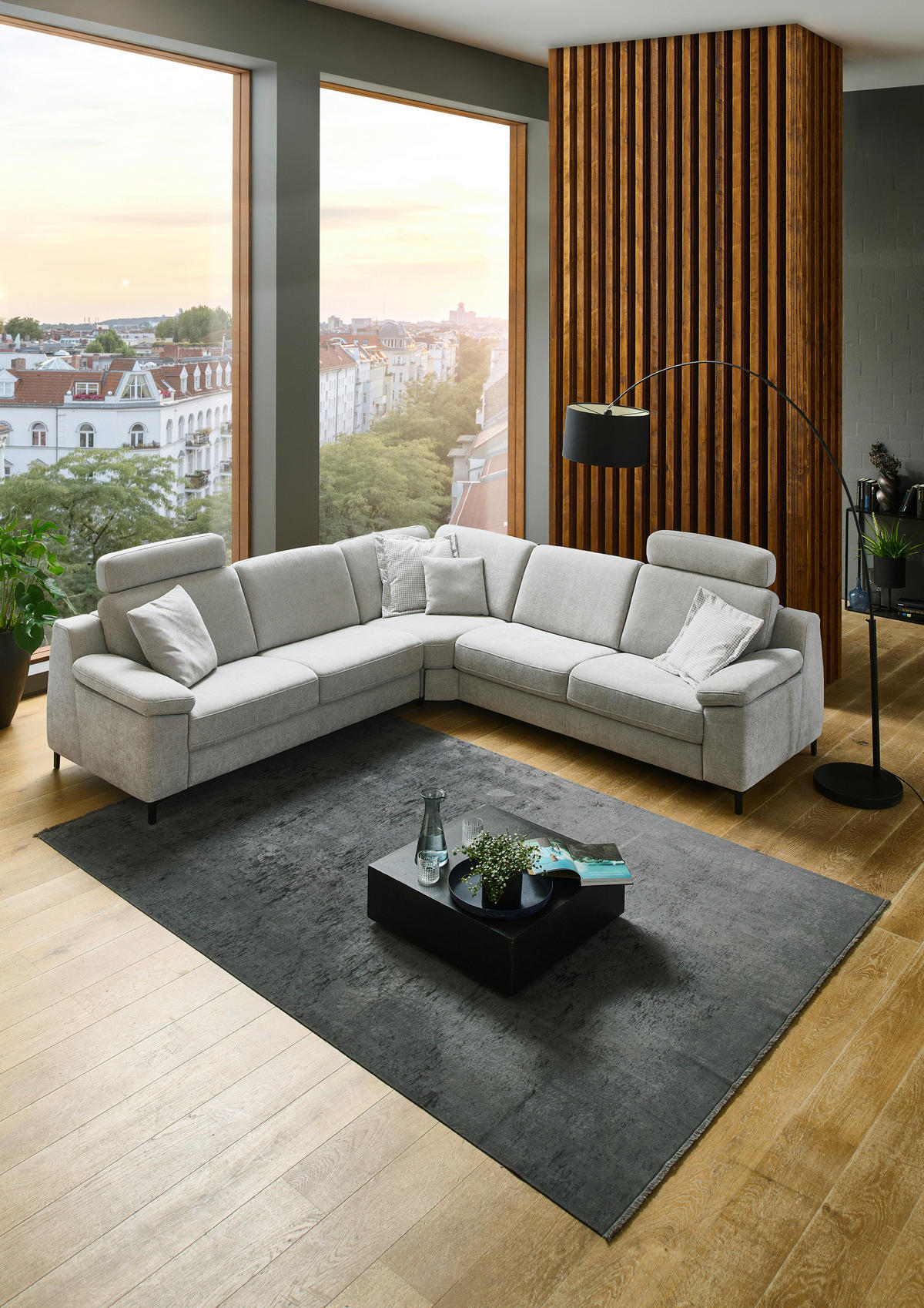 ECKSOFA in Chenille Hellgrau  - Hellgrau/Schwarz, Design, Textil/Metall (278/278cm) - Valdera