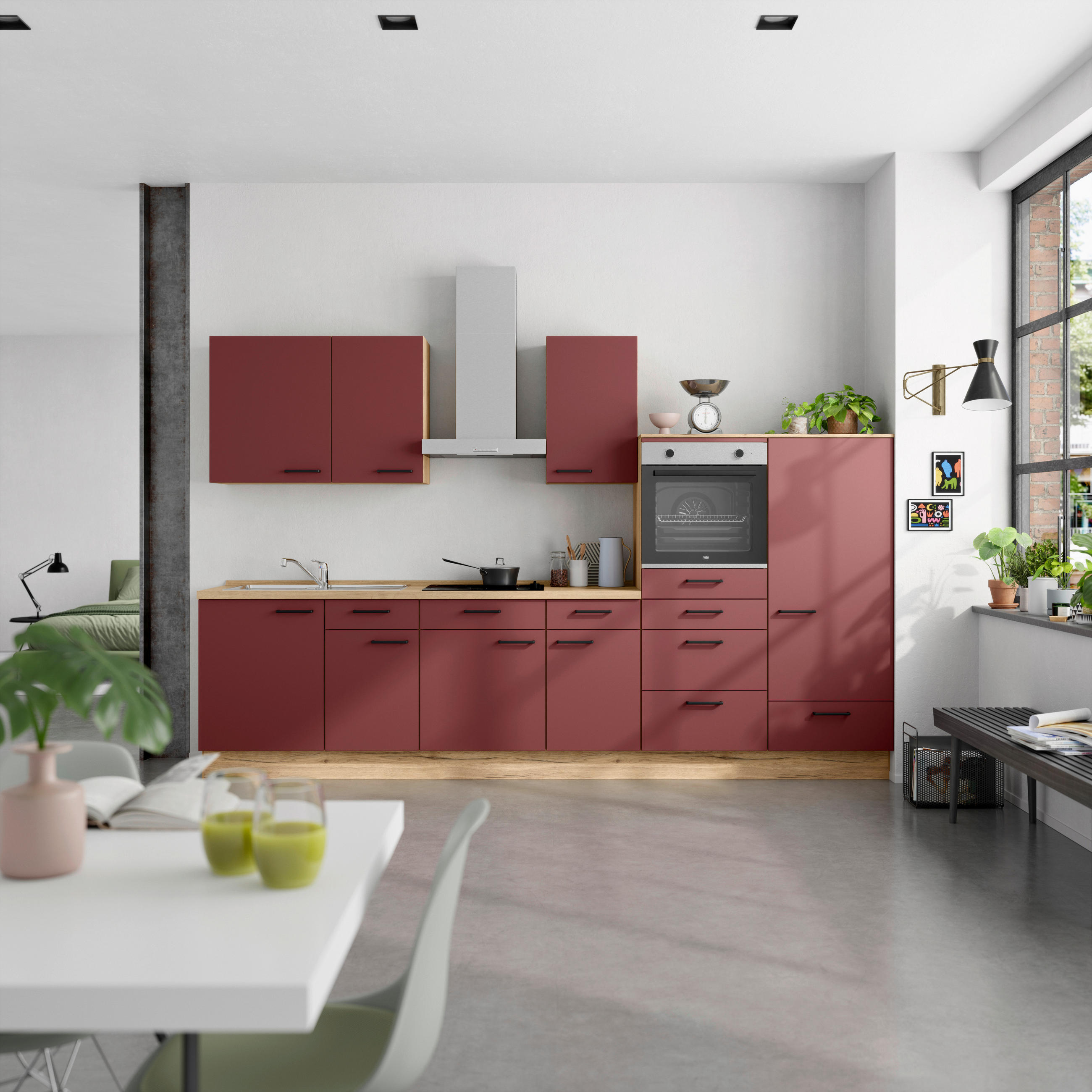KÜCHENBLOCK 330 cm   in Eichefarben, Dunkelrot  - Eichefarben/Schwarz, MODERN, Holzwerkstoff/Metall (330cm) - Nobilia