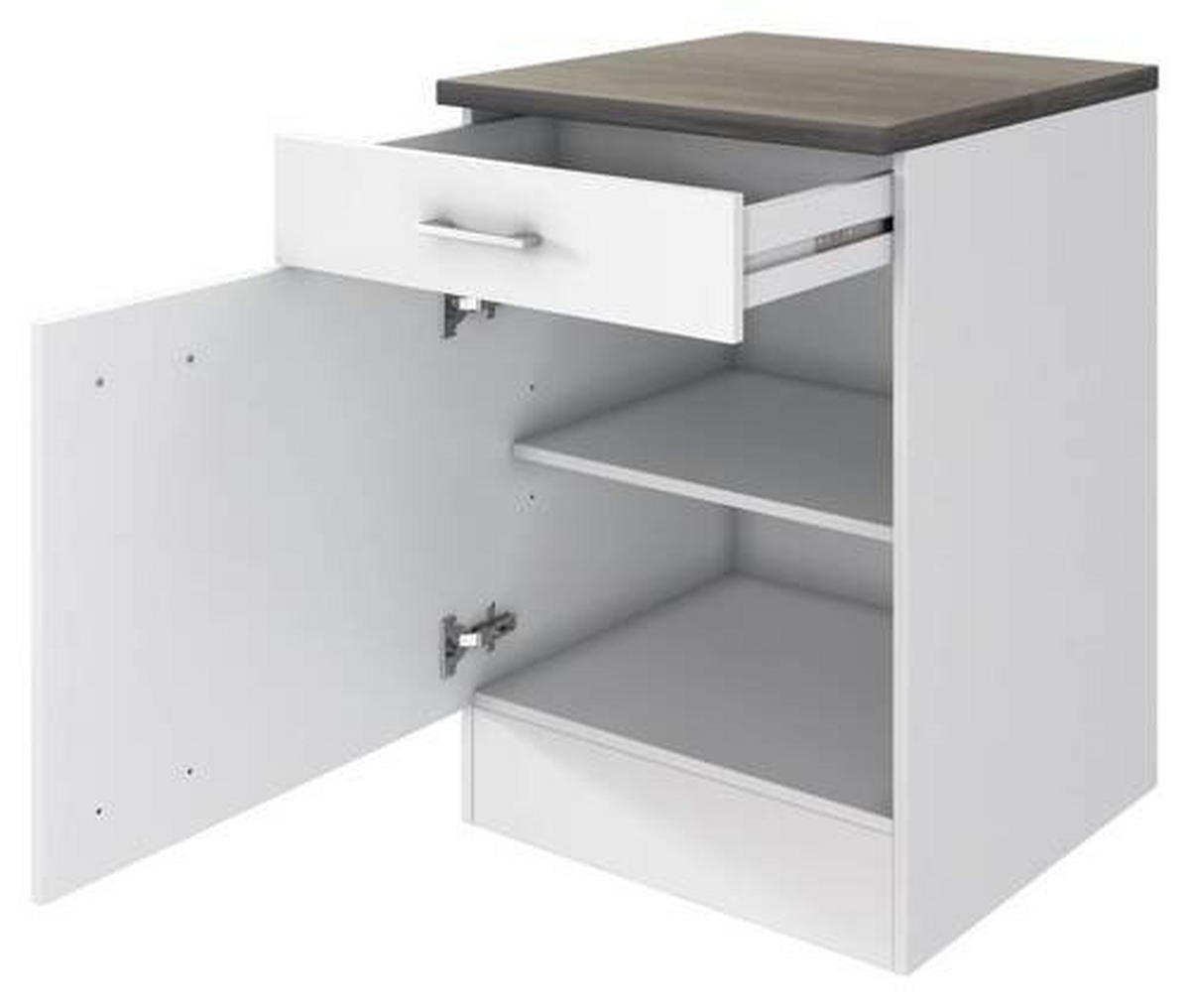 KÜCHENUNTERSCHRANK 60/85/60 cm  in Weiß  - Graubraun/Alufarben, KONVENTIONELL, Holzwerkstoff/Kunststoff (60/85/60cm) - FlexWell