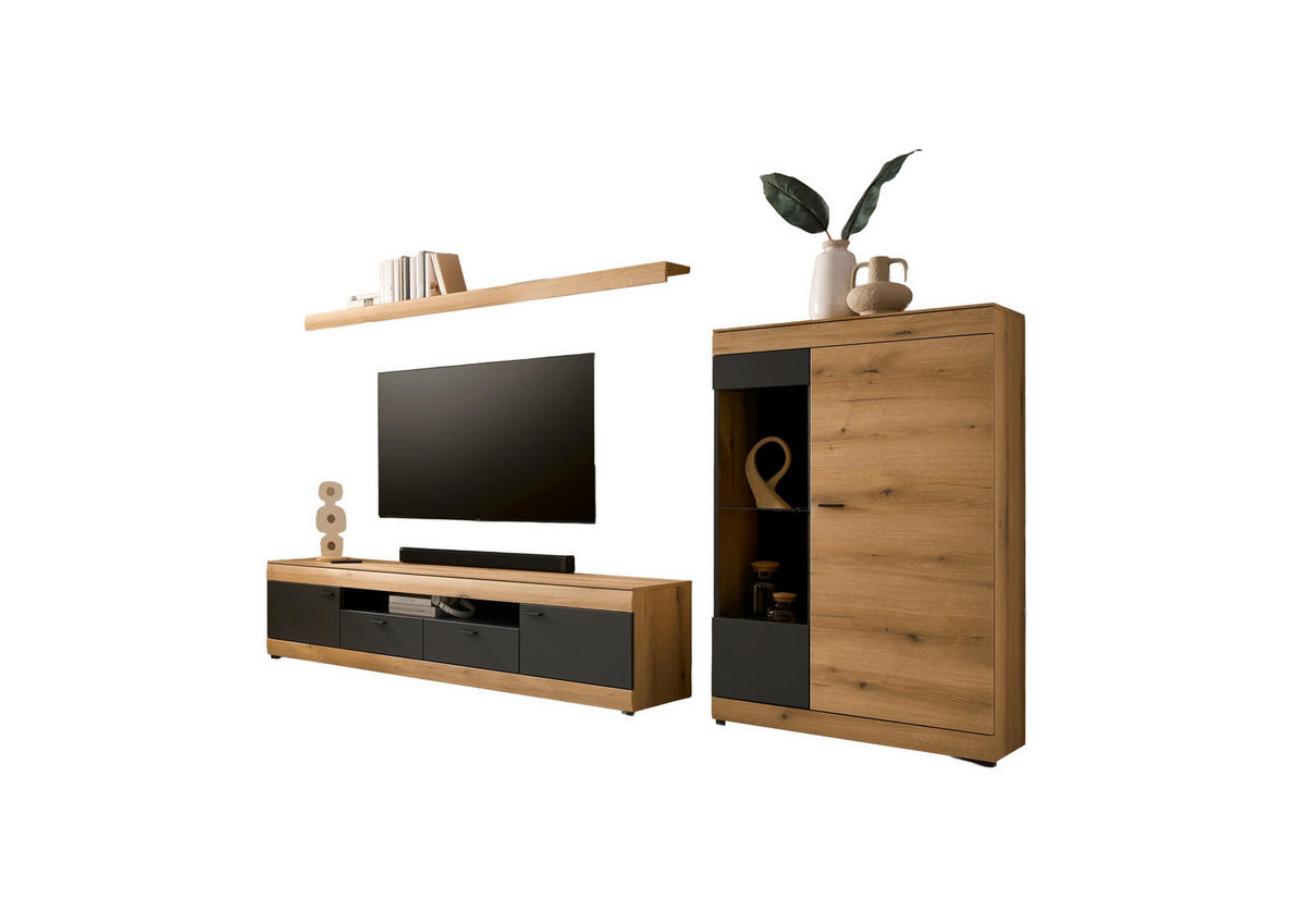 WOHNWAND 3-teilig  in Graphitfarben, Eichefarben  300/170/45 cm  - Eichefarben/Schwarz, Design, Glas/Holzwerkstoff (300/170/45cm) - MID.YOU