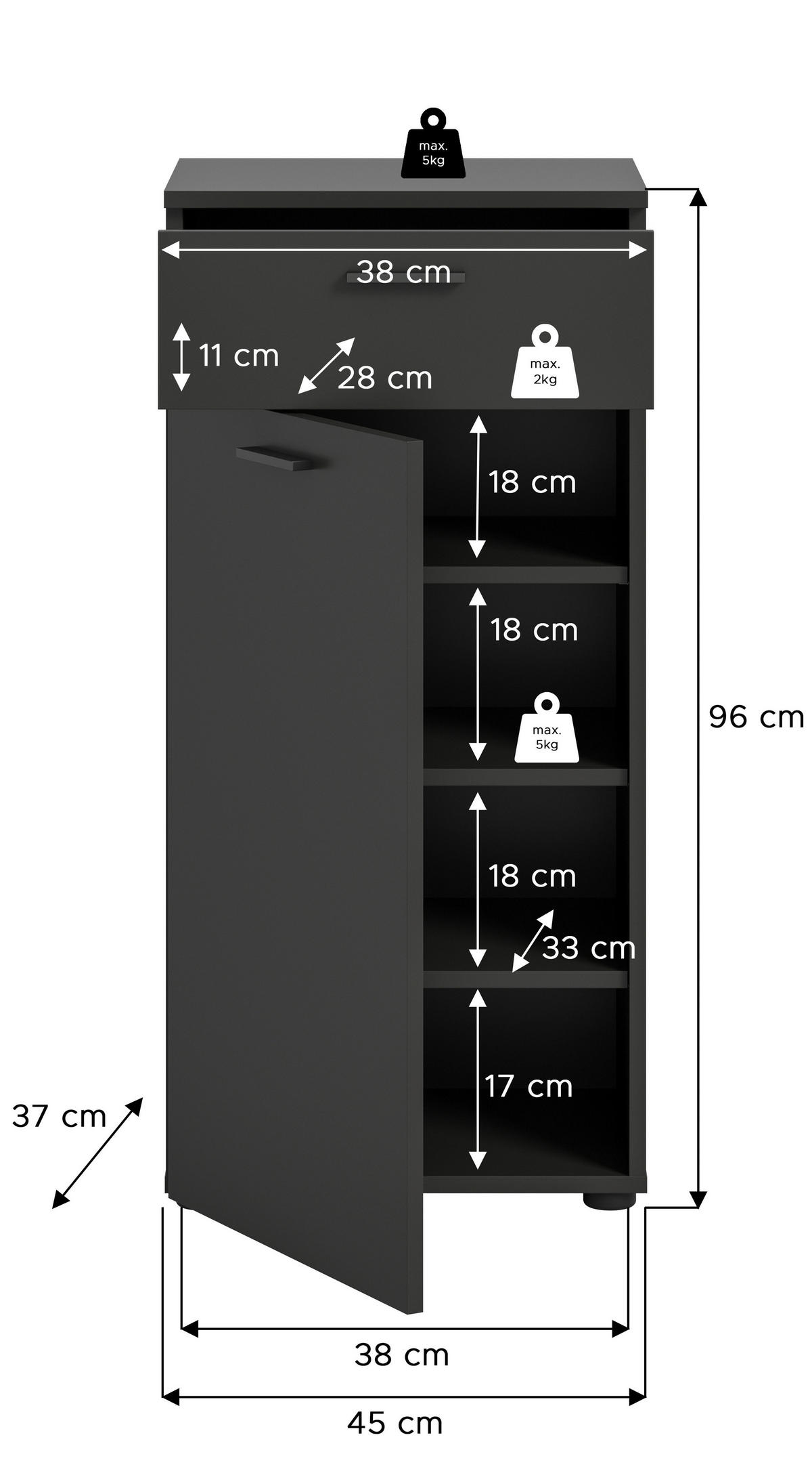 SCHUHSCHRANK 45/96/37 cm  - Schwarz/Eiche Artisan, Design, Holzwerkstoff/Kunststoff (45/96/37cm) - Xora