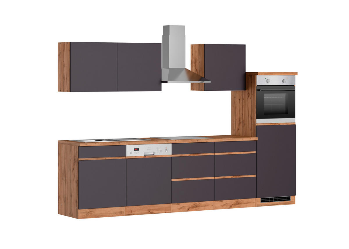 KÜCHENBLOCK 300 cm   in Grau, Eiche Wotan  - Eiche Wotan/Grau, Design, Holzwerkstoff (300cm) - Held