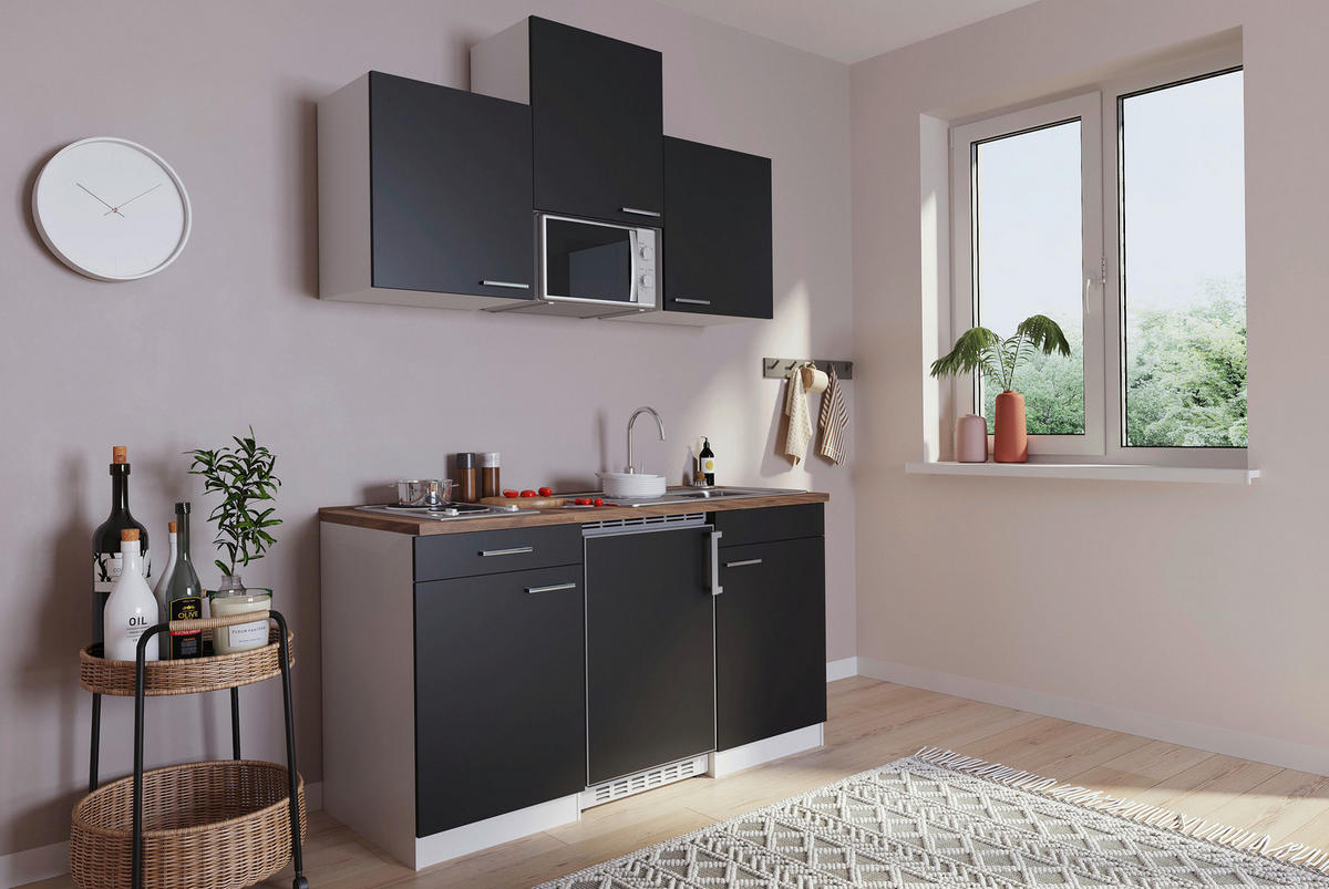 MINIKÜCHE 150 cm   in Schwarz  - Weiss/Edelstahlfarben, Basics, Holzwerkstoff/Kunststoff (150cm) - Respekta