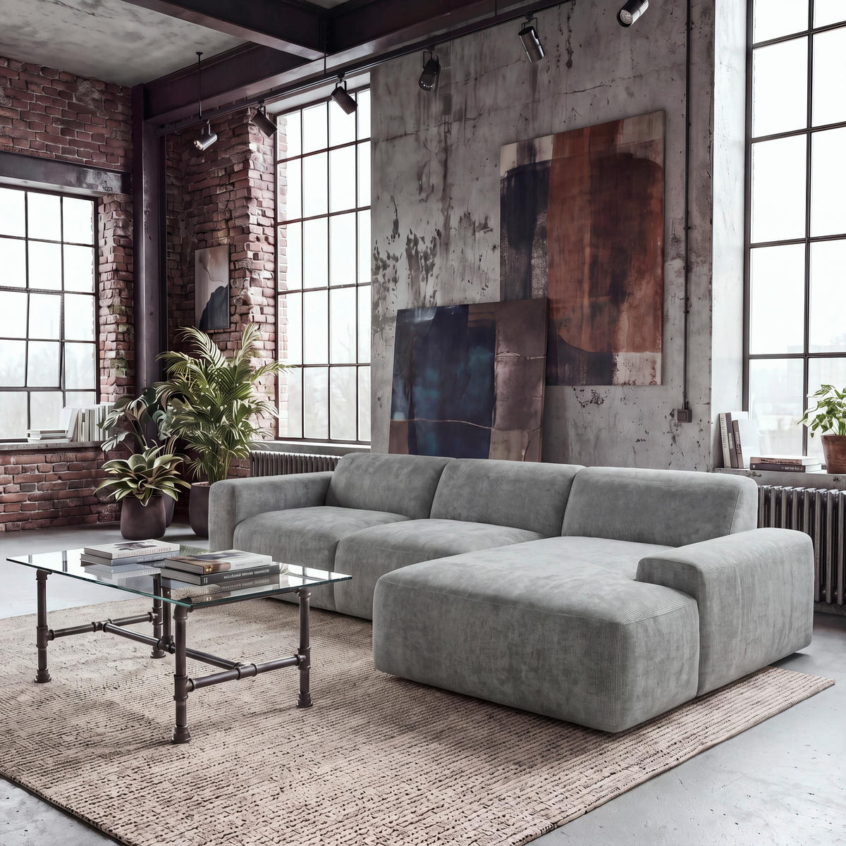 ECKSOFA HANNAH Hellgrau Cord  - Hellgrau/Schwarz, Design, Kunststoff/Textil (343/170cm) - MID.YOU