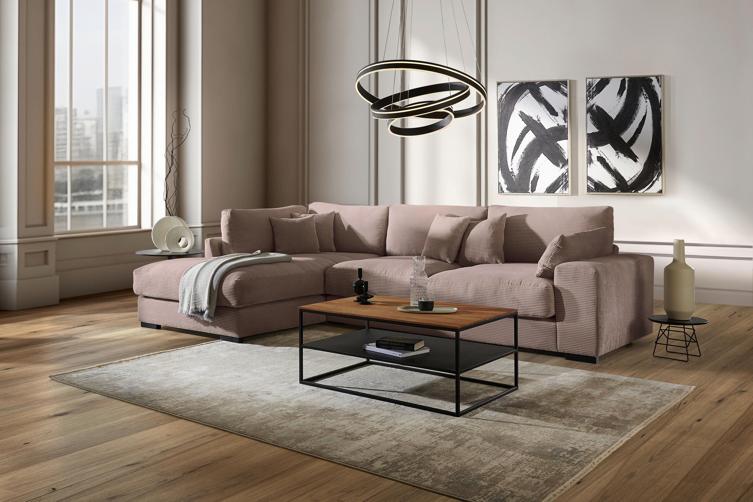 ECKSOFA in Cord Rosa  - Schwarz/Rosa, Design, Kunststoff/Textil (340/205cm) - Lomoco