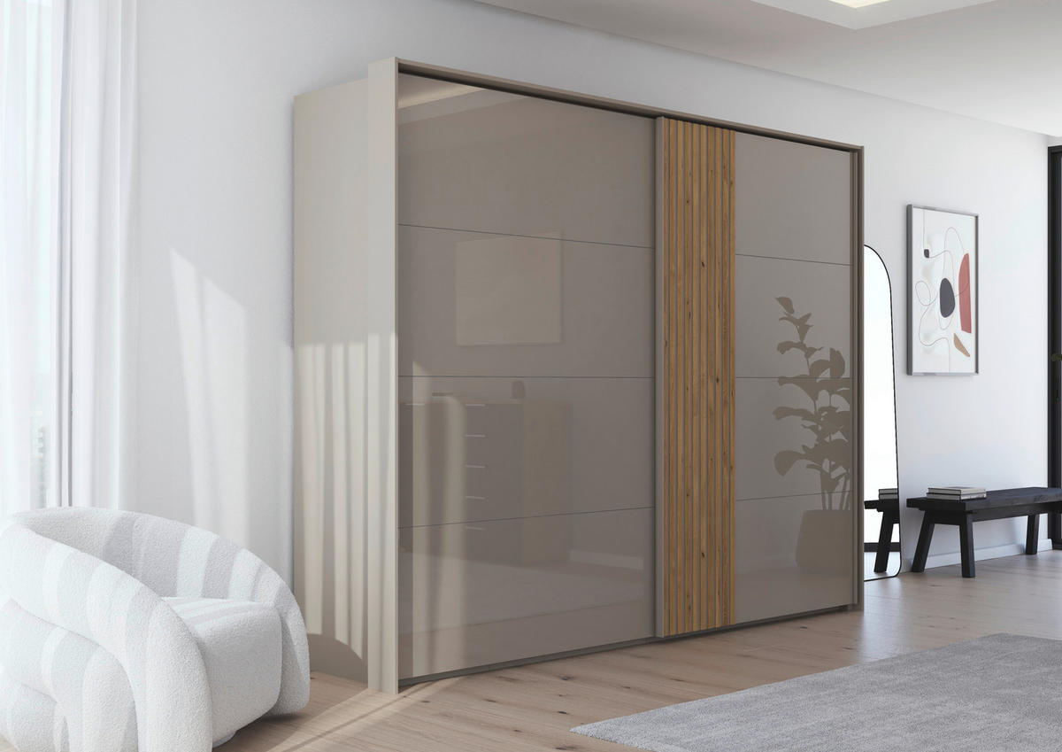 SCHWEBETÜRENSCHRANK  in Eichefarben, Fango  - Fango/Eichefarben, Design, Glas/Holzwerkstoff (262/223/68cm) - Novel