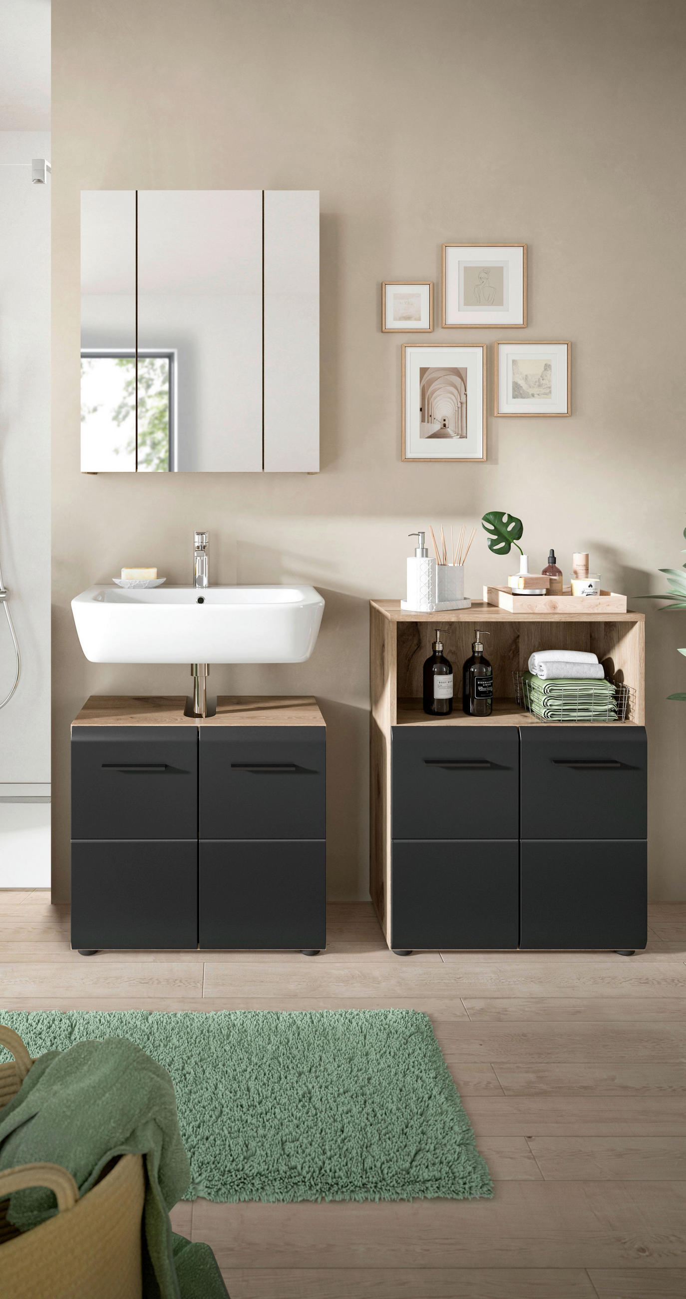 BADEZIMMER 3-teilig  in 120 cm  - Eiche dunkel/Schwarz, Basics, Holzwerkstoff/Kunststoff (120cm) - MID.YOU