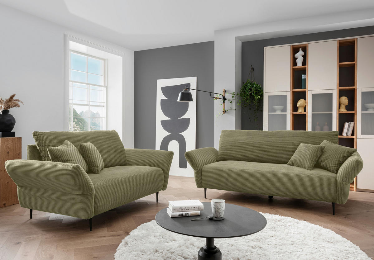 2-SITZER-SOFA Cord Olivgrün  - Schwarz/Olivgrün, Design, Textil/Metall (163/97/102cm) - Livetastic