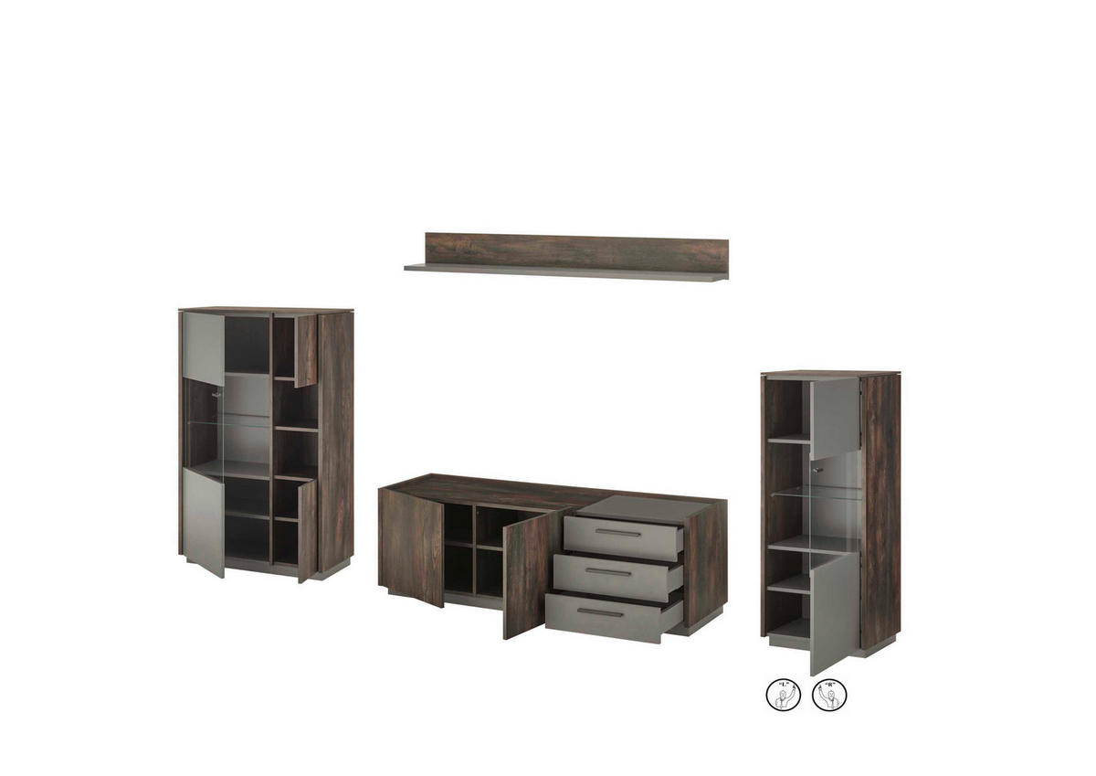 WOHNWAND 4-teilig  in Eichefarben, Anthrazit  327/170/45 cm  - Eichefarben/Anthrazit, Design, Glas/Holzwerkstoff (327/170/45cm) - MID.YOU