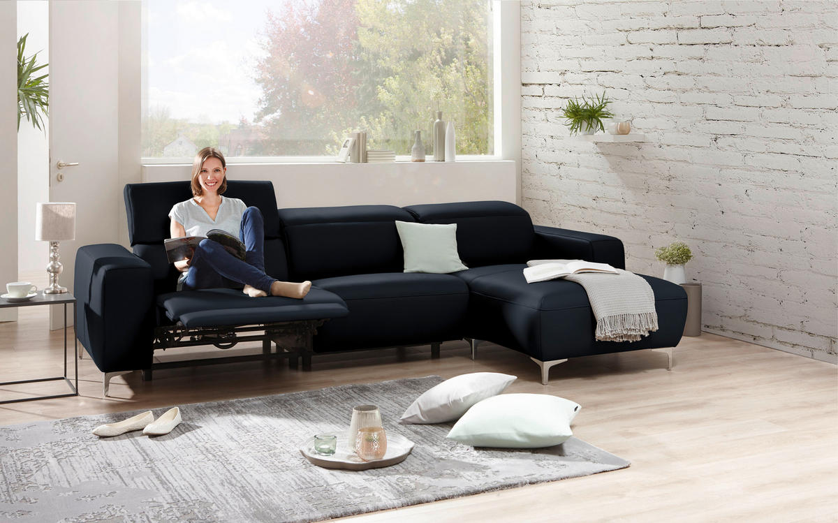 ECKSOFA in Echtleder Dunkelblau  - Chromfarben/Dunkelblau, Design, Leder/Metall (292/177cm) - Pure Home Lifestyle