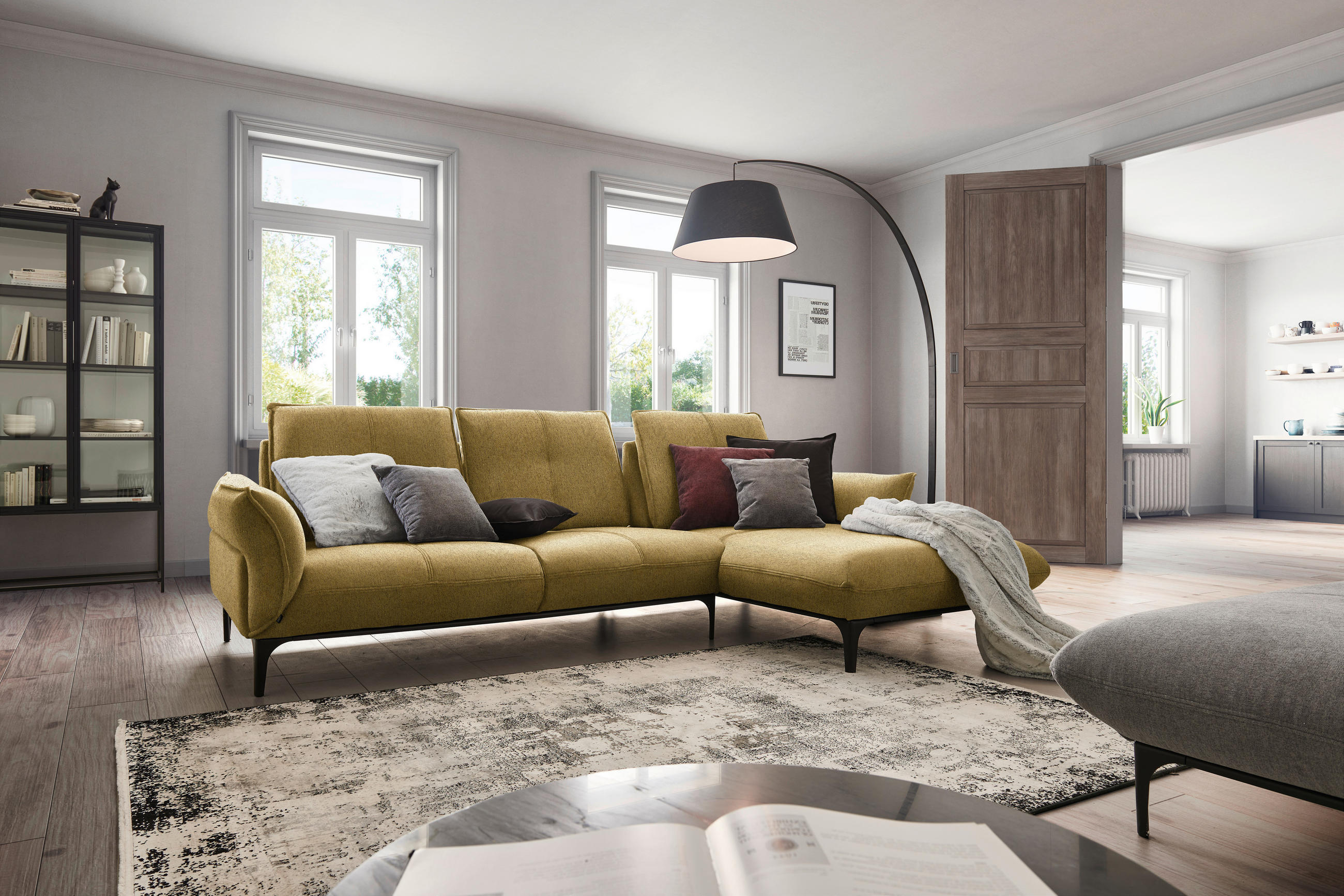 ECKSOFA in Webstoff Gelb  - Gelb/Schwarz, Natur, Textil (277/182cm) - Valnatura