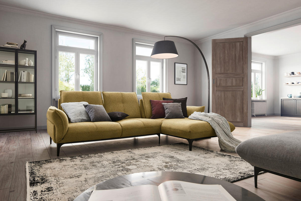 ECKSOFA in Webstoff Gelb  - Gelb/Schwarz, Natur, Textil (277/182cm) - Valnatura