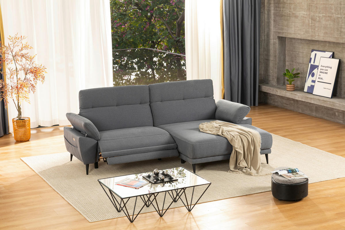 ECKSOFA in Leinenoptik Hellgrau  - Hellgrau/Schwarz, Design, Textil/Metall (262/172cm) - MID.YOU