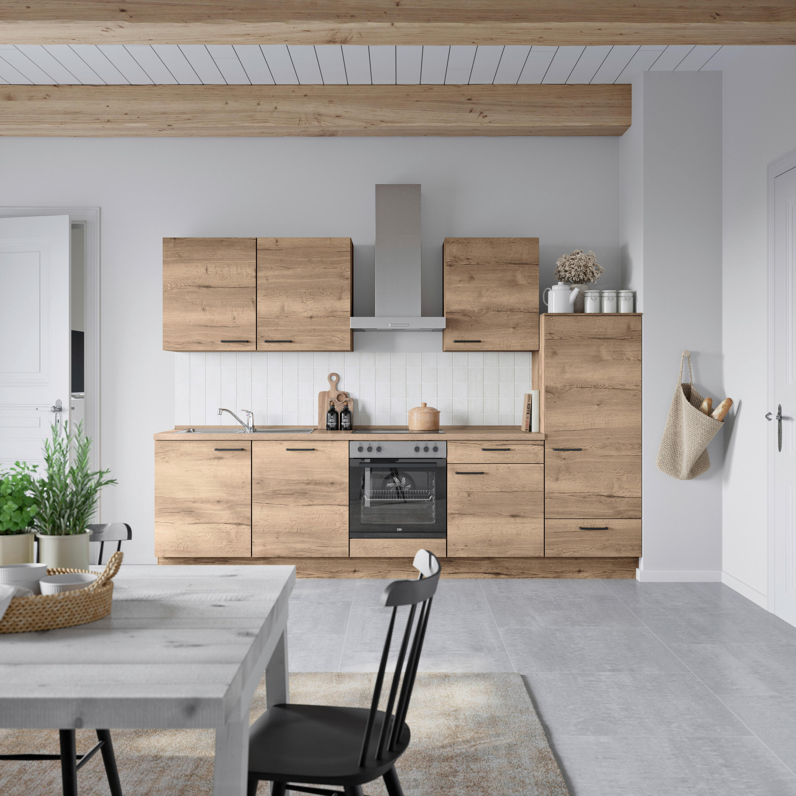 KÜCHENBLOCK 300 cm   in Eiche dunkel  - Eiche dunkel/Eichefarben, MODERN, Holzwerkstoff/Metall (300cm) - Nobilia