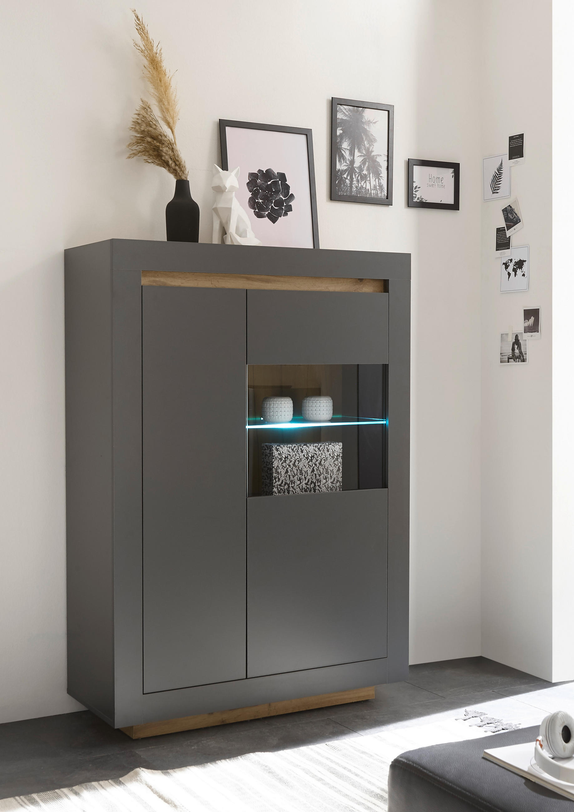 VITRINE  in Anthrazit, Eiche Wotan  - Anthrazit/Eiche Wotan, Design, Glas/Holzwerkstoff (96/136/38cm) - MID.YOU