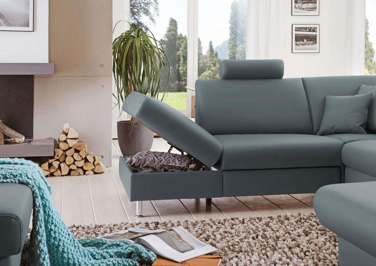 WOHNLANDSCHAFT in Echtleder Blaugrau  - Blaugrau/Alufarben, Design, Leder/Metall (233/339/165cm) - Beldomo Premium