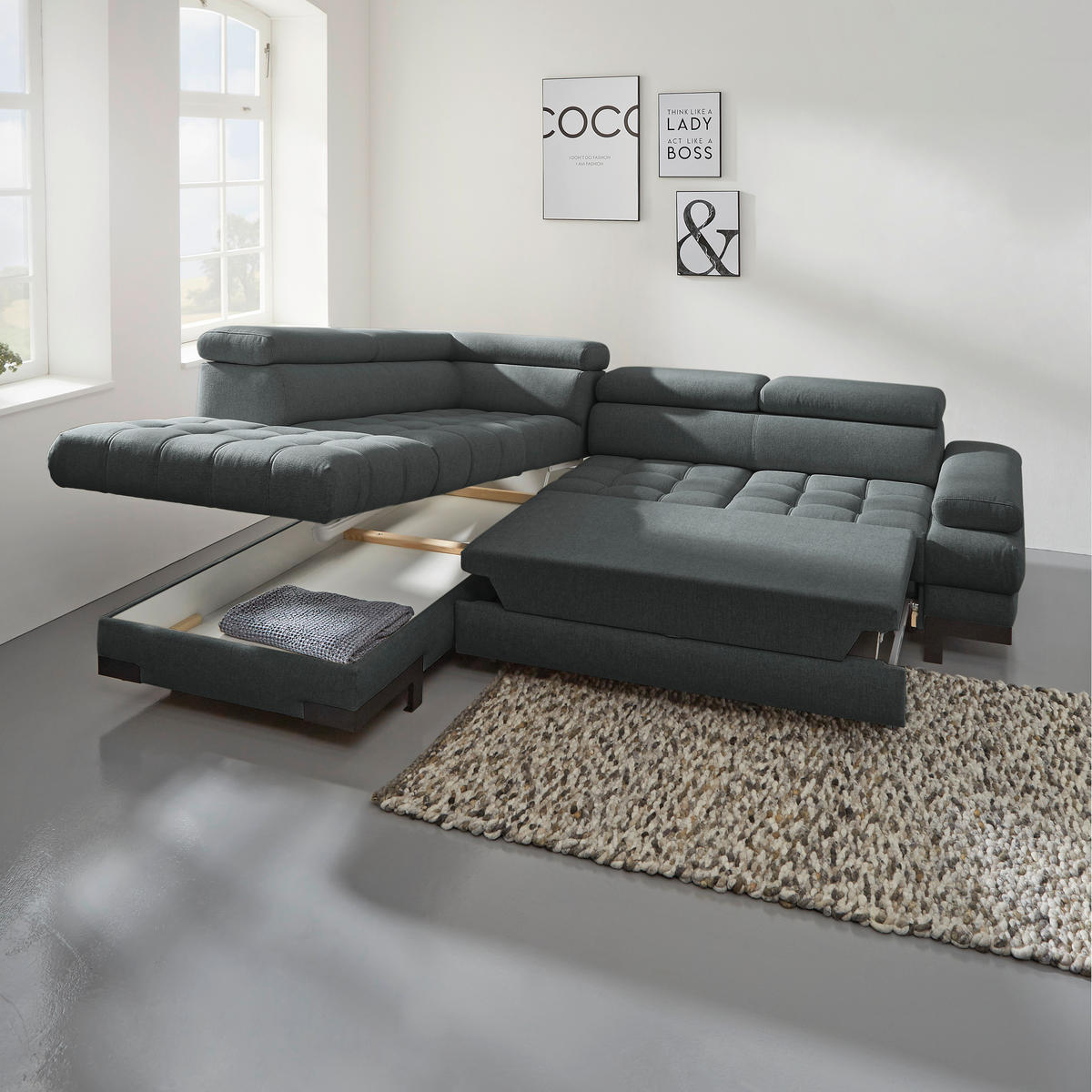 ECKSOFA in Webstoff Graphitfarben  - Schwarz/Graphitfarben, Design, Textil/Metall (223/263cm) - Welnova
