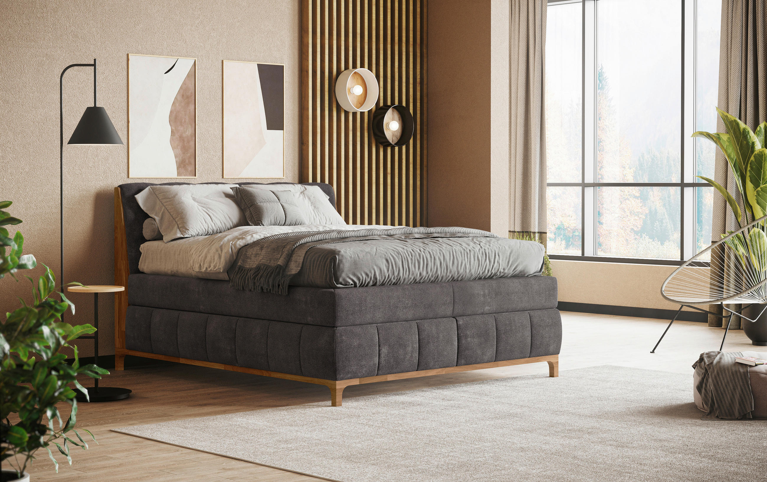 BOXSPRINGBETT 180/200 cm  in Dunkelgrau  - Dunkelgrau/Eichefarben, MODERN, Holz/Holzwerkstoff (180/200cm) - MID.YOU