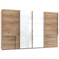 SCHWEBETÜRENSCHRANK  in Weiß, Eichefarben  - Chromfarben/Eichefarben, MODERN, Holzwerkstoff (350/216/65cm) - MID.YOU