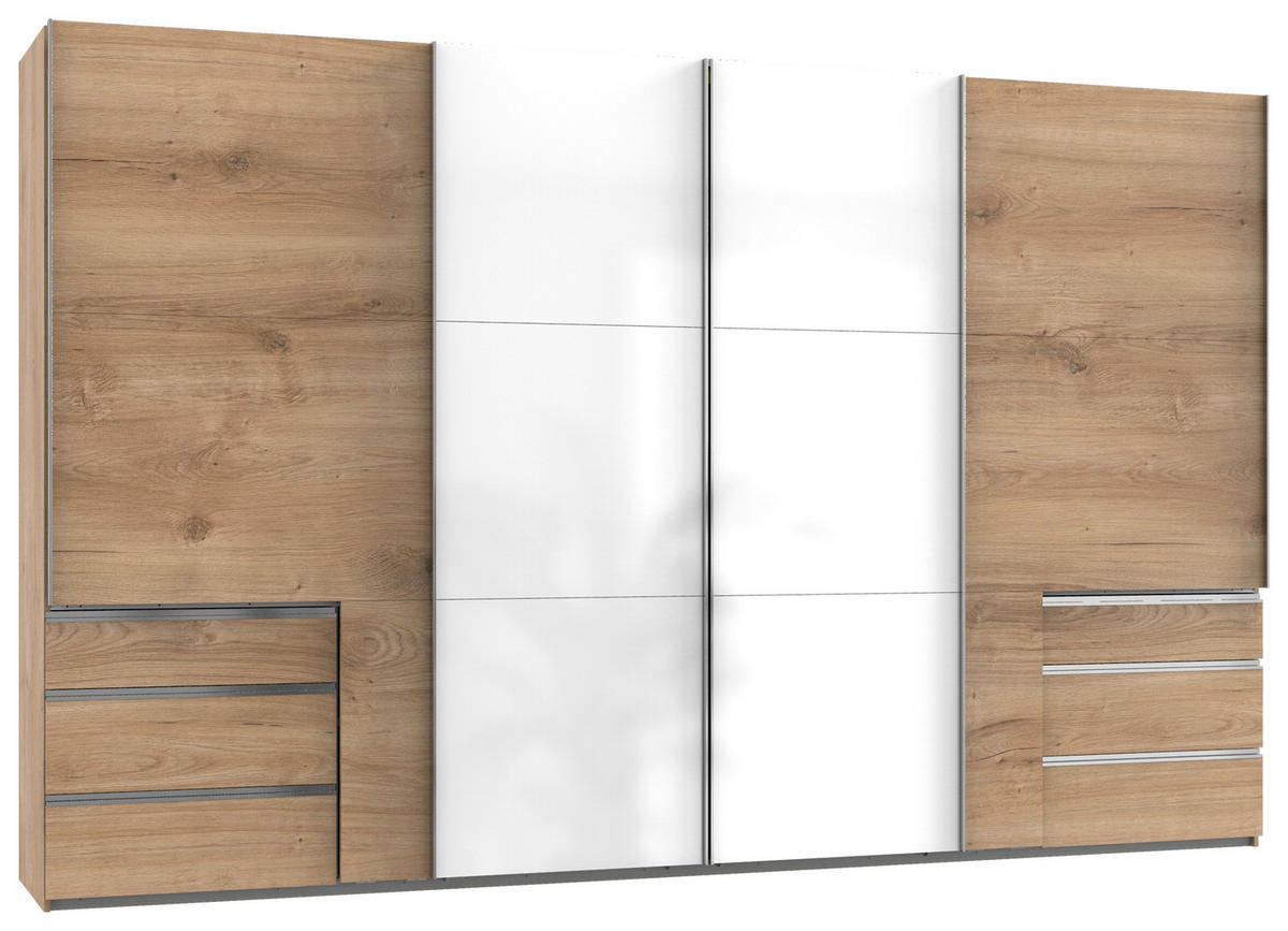 SCHWEBETÜRENSCHRANK  in Weiß, Eichefarben  - Chromfarben/Eichefarben, MODERN, Holzwerkstoff (350/216/65cm) - MID.YOU