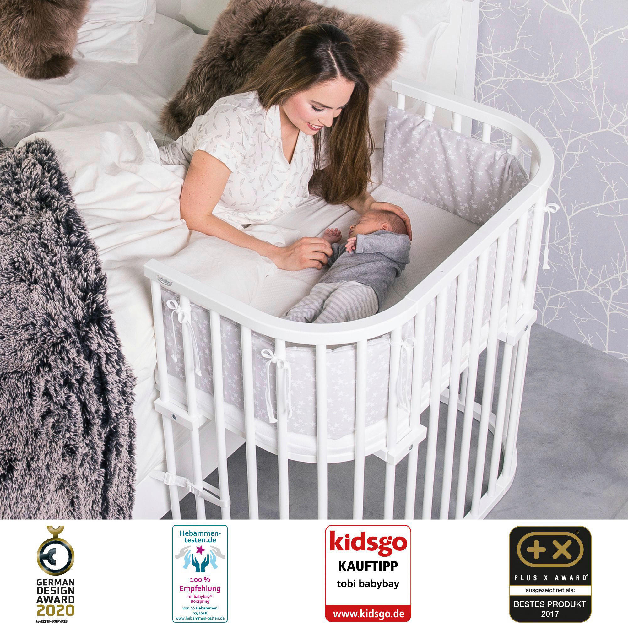 BEISTELLBETT Babybay Boxspring  96,5/54/96 cm  - Schieferfarben/Grau, Basics, Holz (96,5/54/96cm) - Babybay