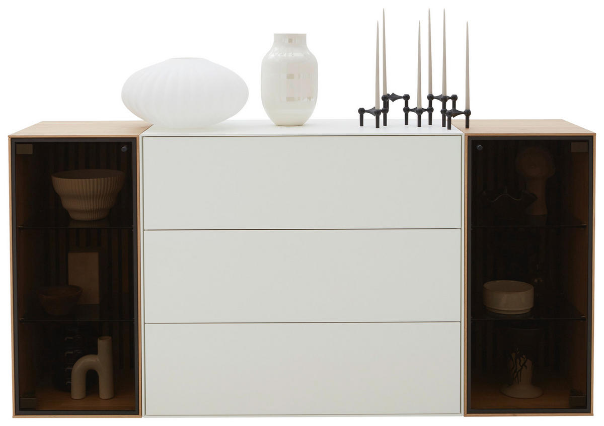 SIDEBOARD Weiss, Eichefarben  182/90/44 cm  - Weiss/Eichefarben, Design, Glas/Holz (182/90/44cm) - Johann Jakob