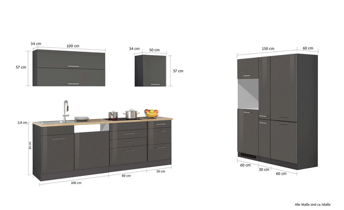 KÜCHENLEERBLOCK 390 cm   in Graphitfarben  - Silberfarben/Graphitfarben, MODERN, Holzwerkstoff/Metall (390cm) - Held