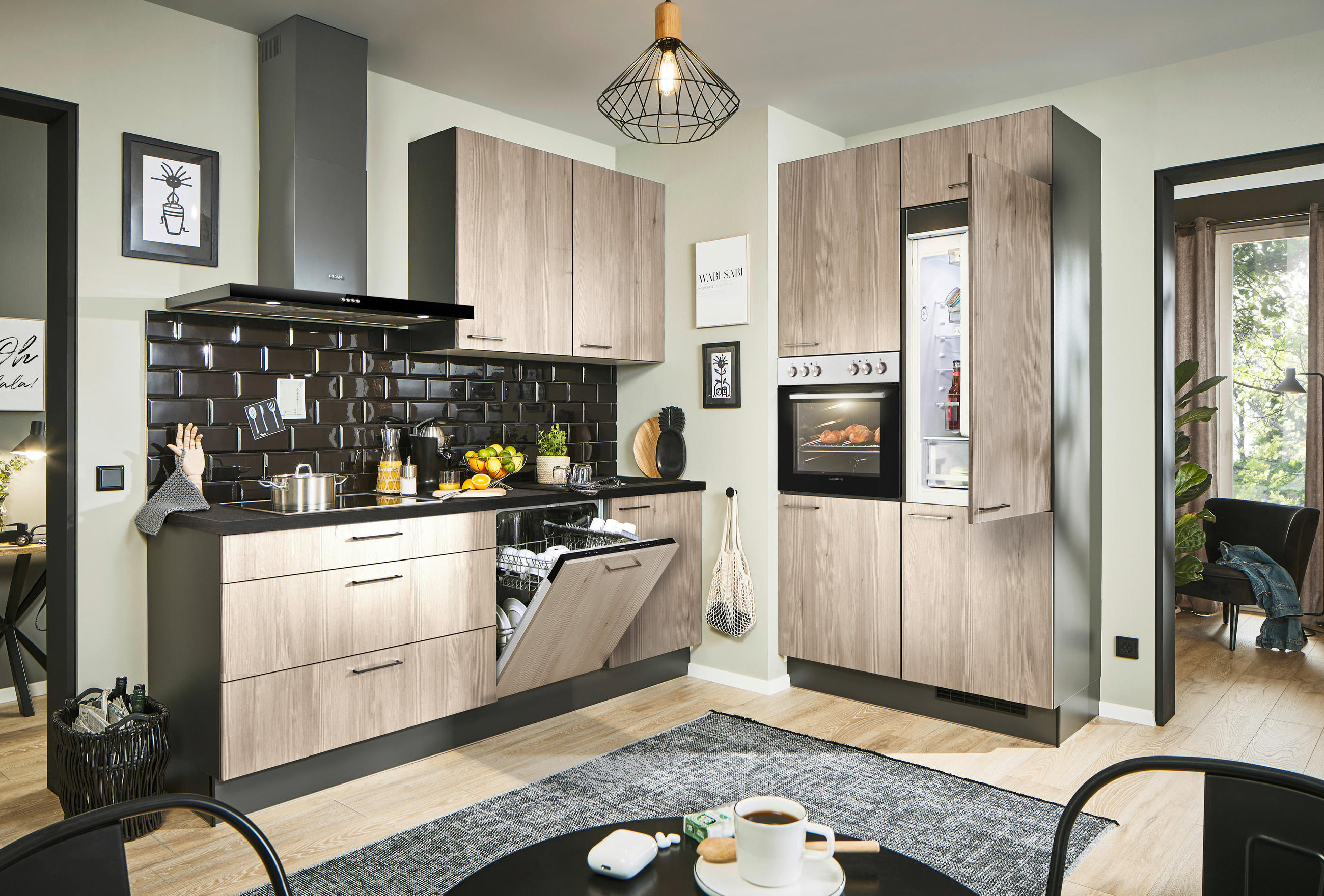ECKKÜCHE 220/120 cm  in Graphitfarben, Schwarz, Tannenholzfarben  - Tannenholzfarben/Schwarz, Design, Holzwerkstoff/Metall (220/120cm) - Xora