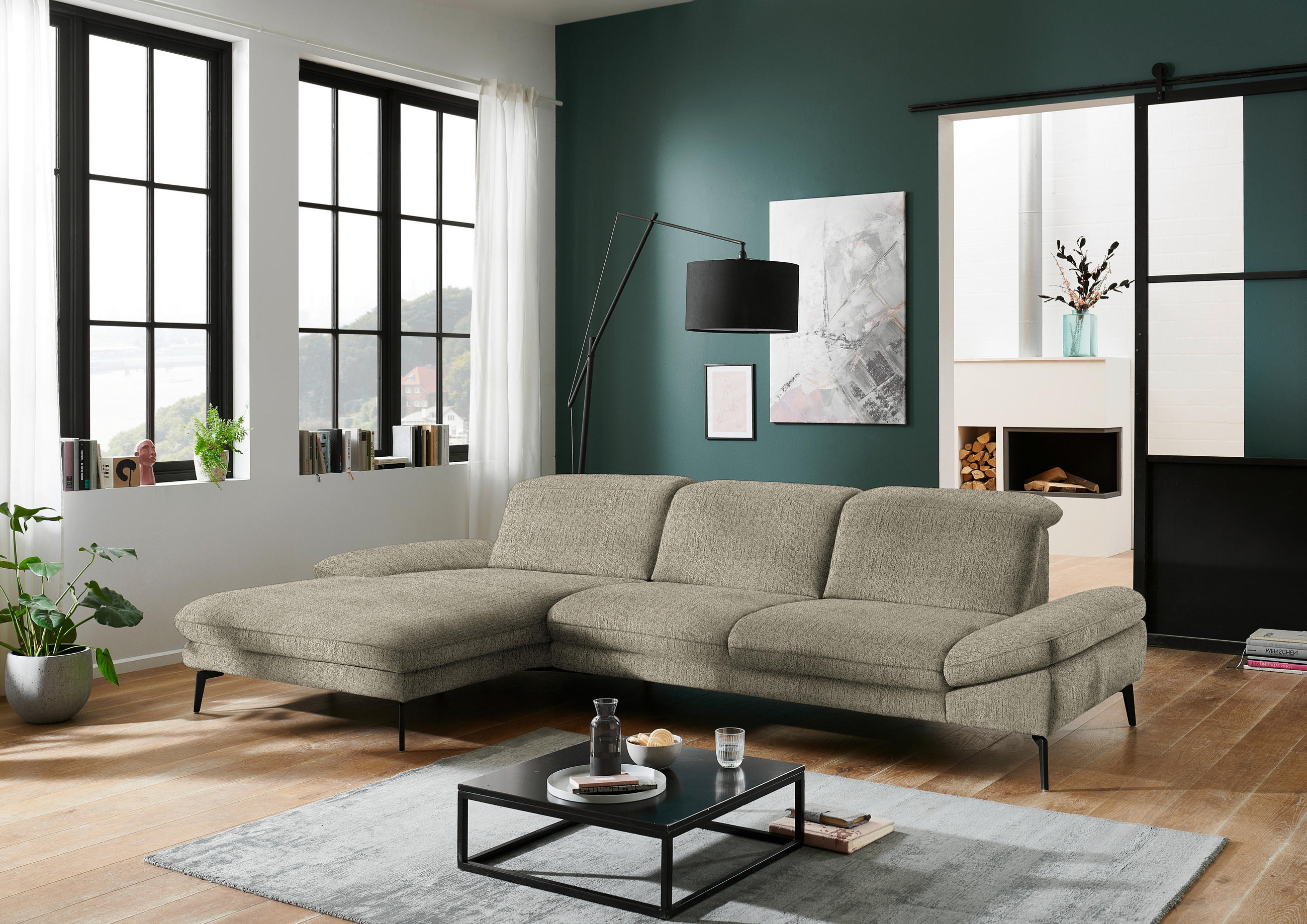 ECKSOFA in Chenille Olivgrün  - Schwarz/Olivgrün, Design, Textil/Metall (188/319cm) - Beldomo System