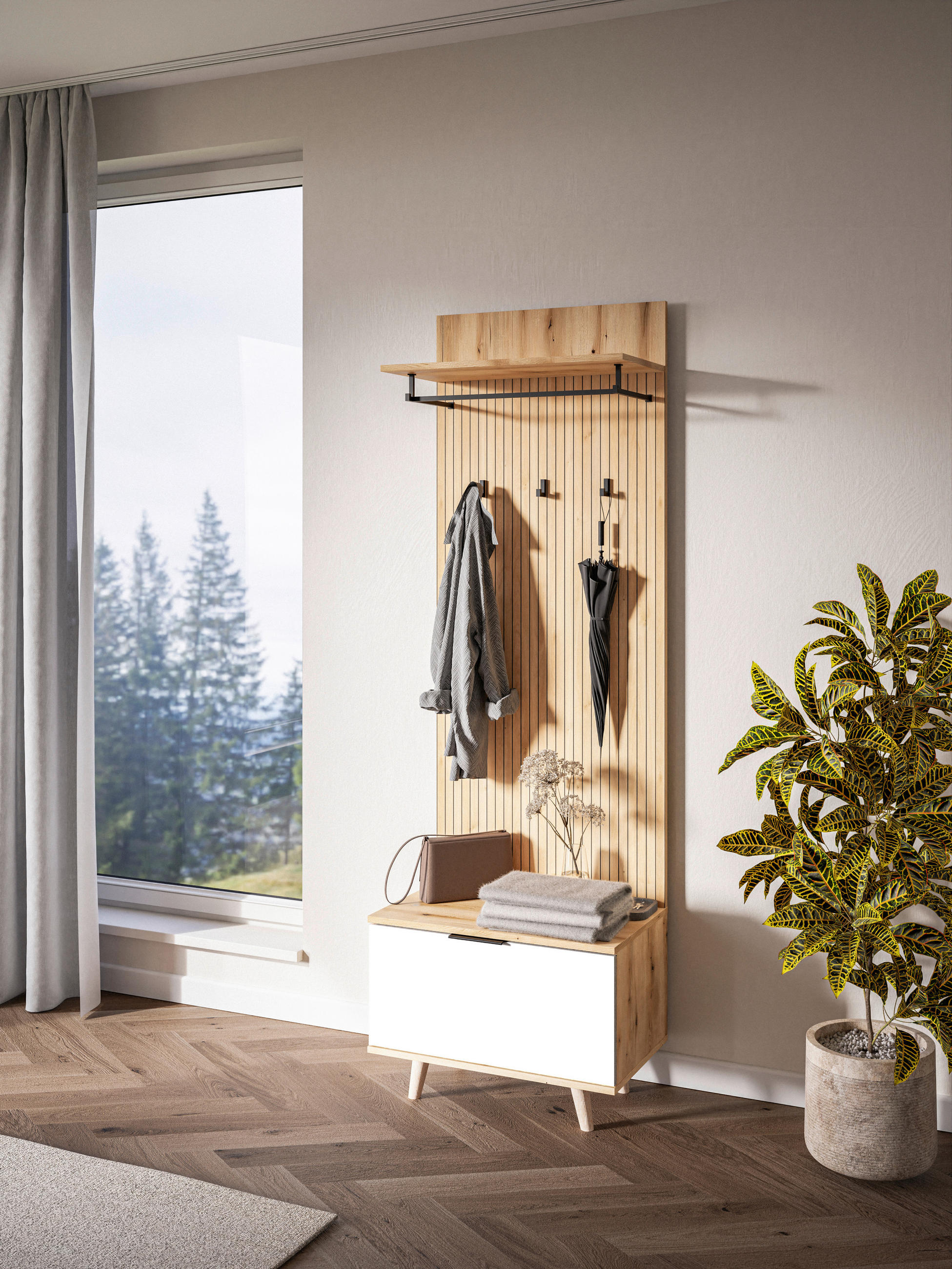 Thumbnail - Boxxx Garderobe Nordic, Weiß, Eiche, Holzwerkstoff, 65x204x40 cm, Garderobe, Garderoben-Sets & Serien, Garderoben-Sets