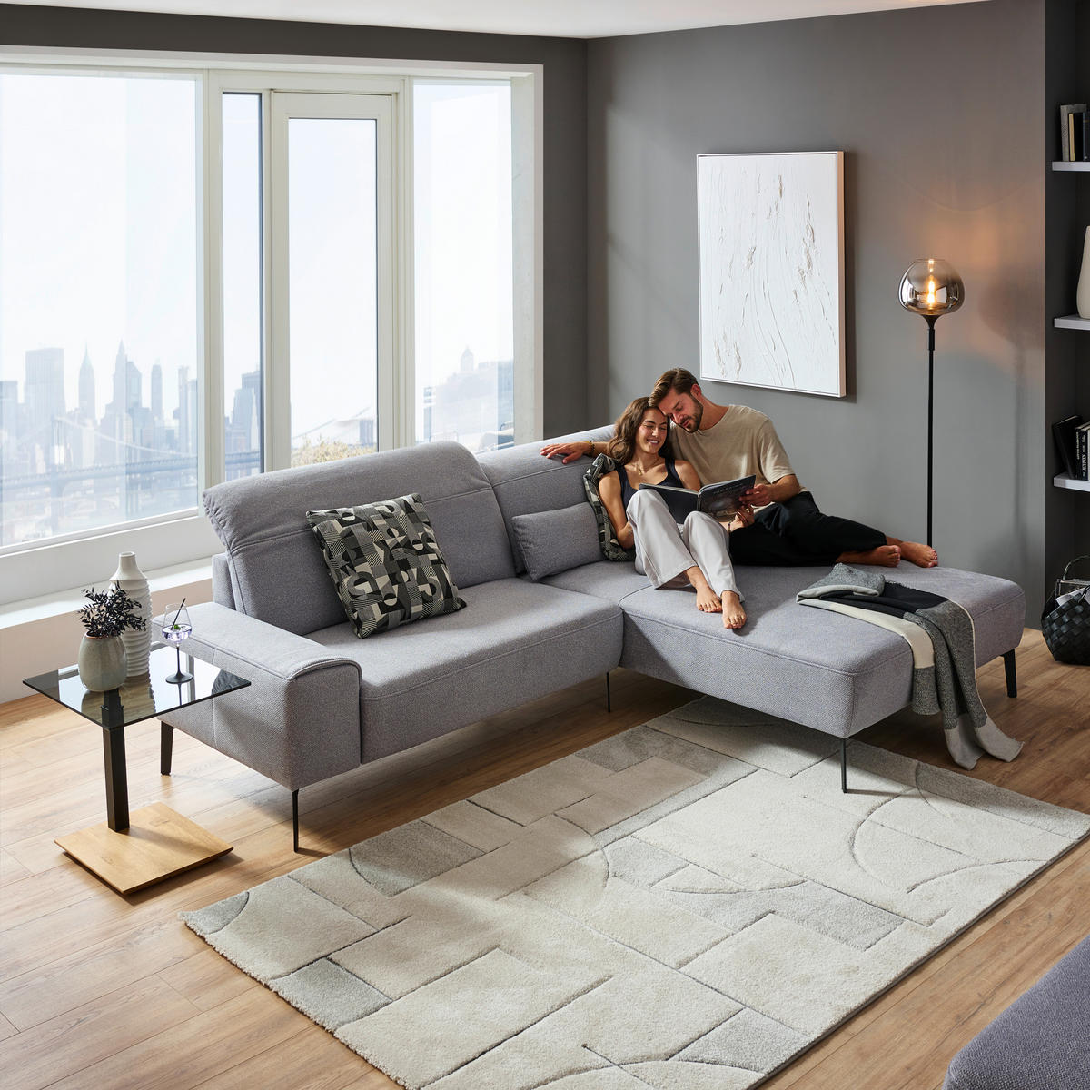 ECKSOFA in Mikrofaser Hellgrau  - Hellgrau/Schwarz, Design, Textil/Metall (273/203cm) - Johann Jakob