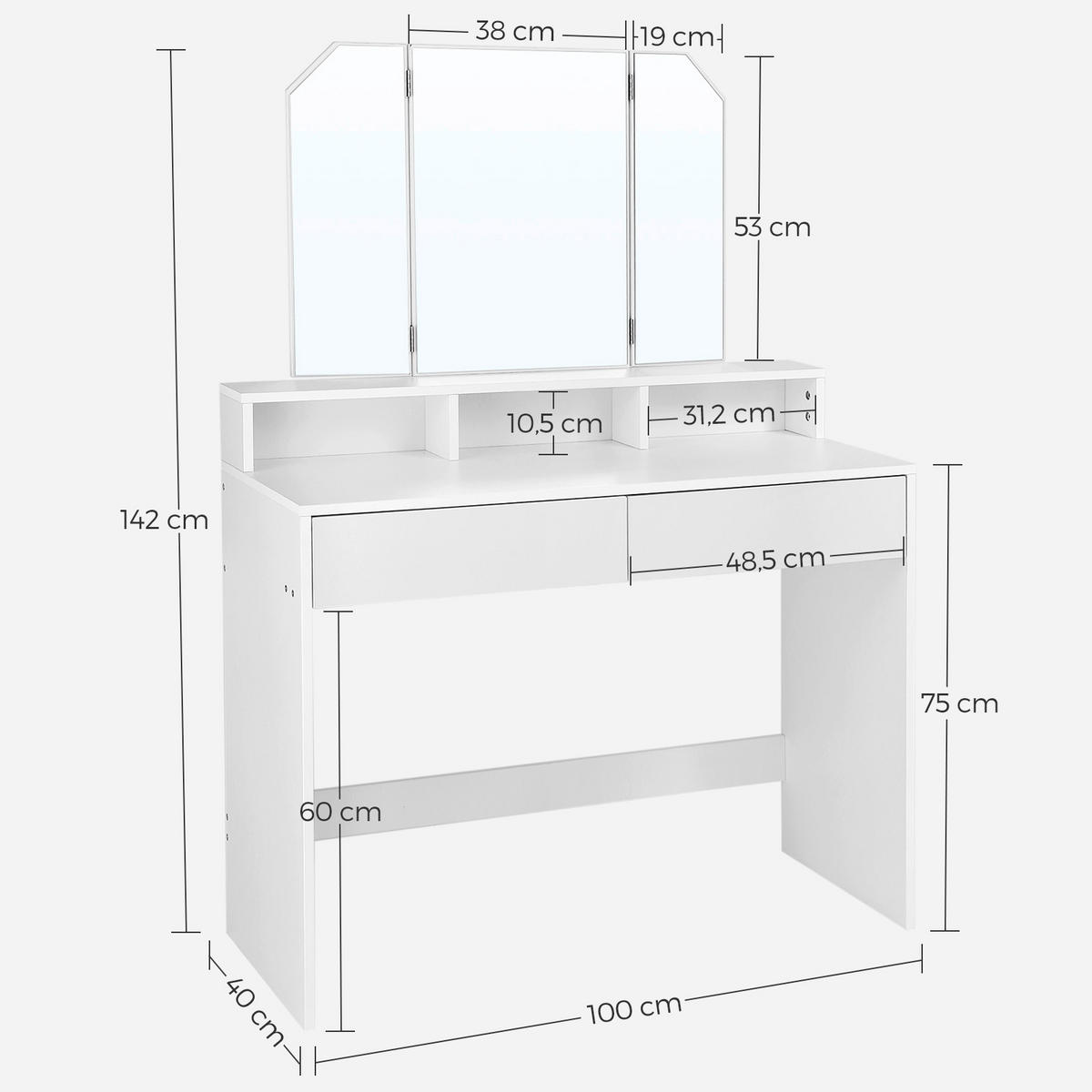 SCHMINKTISCH Weiß  - Weiß, Trend, Glas/Holzwerkstoff (100/40/142cm) - Boxxx