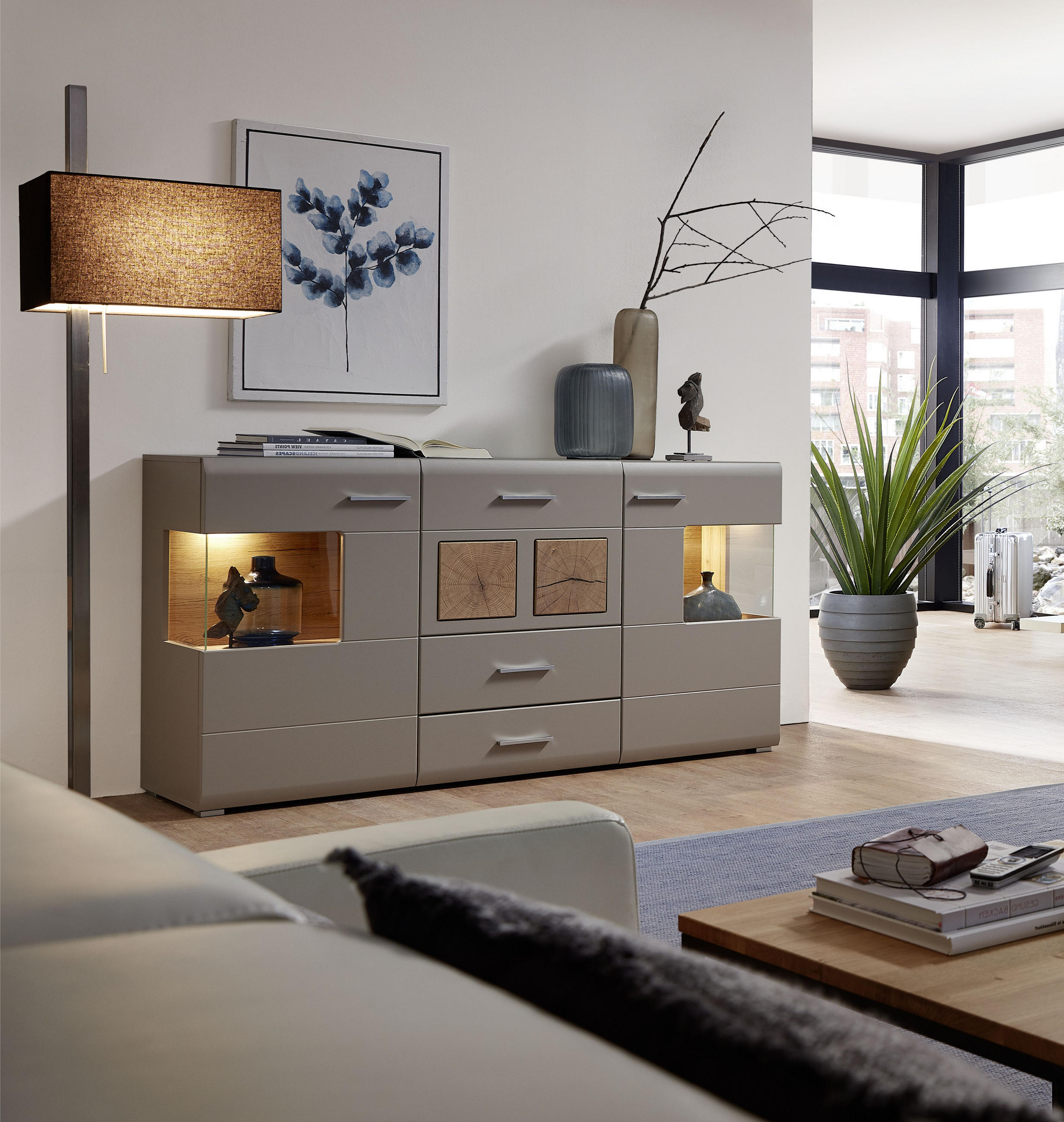 SIDEBOARD Eichefarben Beleuchtung, Einlegeböden - Chromfarben/Eichefarben, Design, Glas/Holzwerkstoff (170/94/42cm) - Livetastic