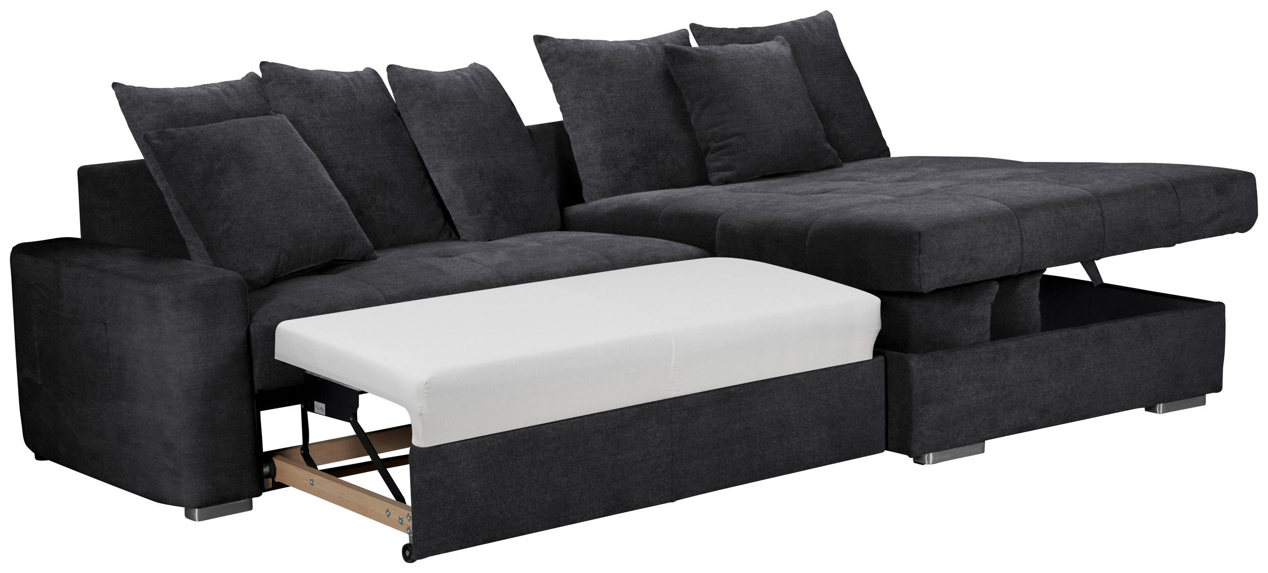 Thumbnail - Mid.you Ecksofa Salvador, Schwarz, Textil, Wenge, 3-Sitzer, Ottomane rechts, L-Form, 293x164 cm, Armteil links, rechts, ...