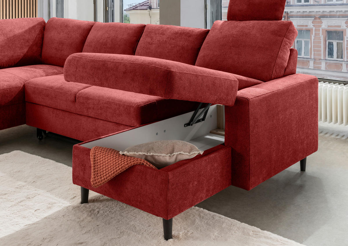 WOHNLANDSCHAFT in Chenille Rot  - Rot/Schwarz, Modern, Holz/Textil (200/305/153cm) - Livetastic