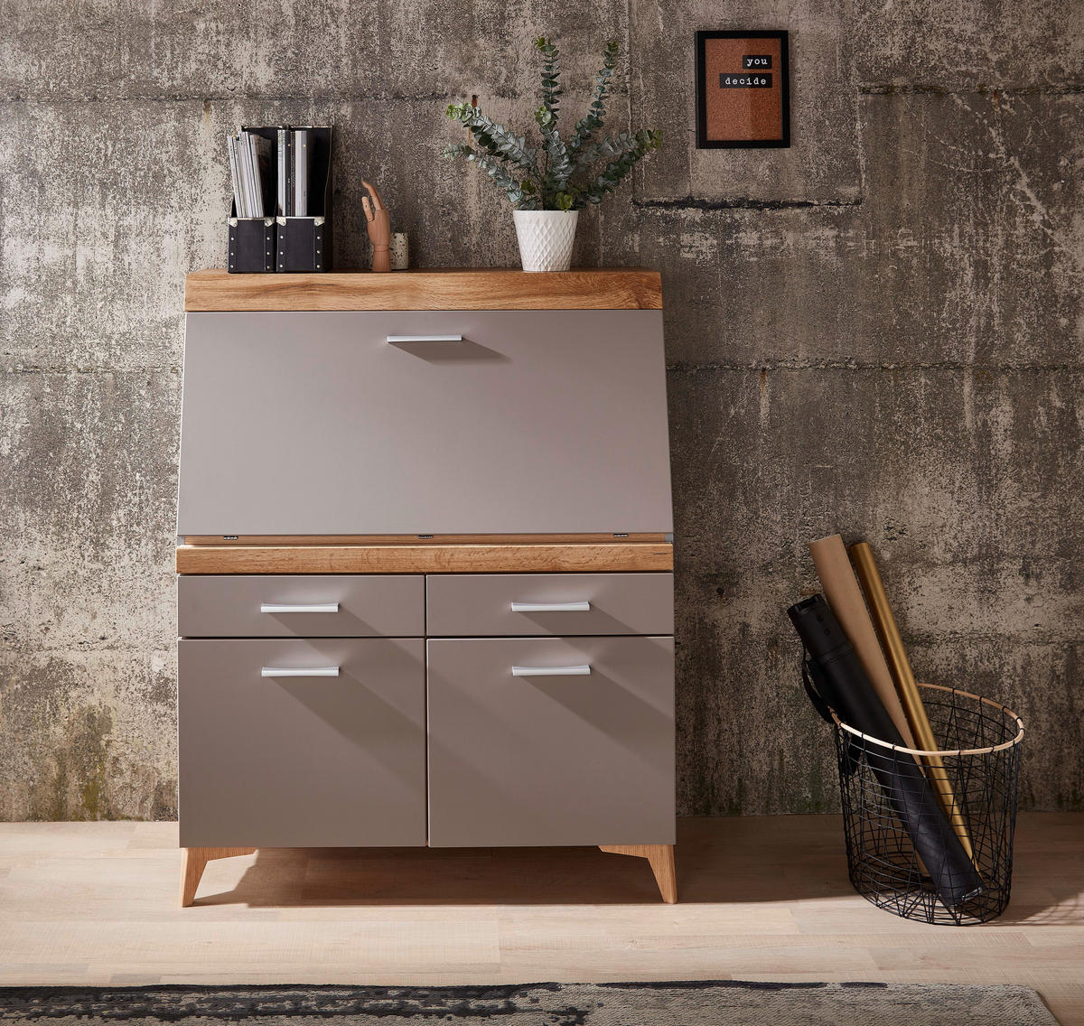 SEKRETÄR  Kabeldurchlass, Stauraum  - Eichefarben/Alufarben, LIFESTYLE, Holzwerkstoff/Kunststoff (98/124/39,6cm) - Carryhome