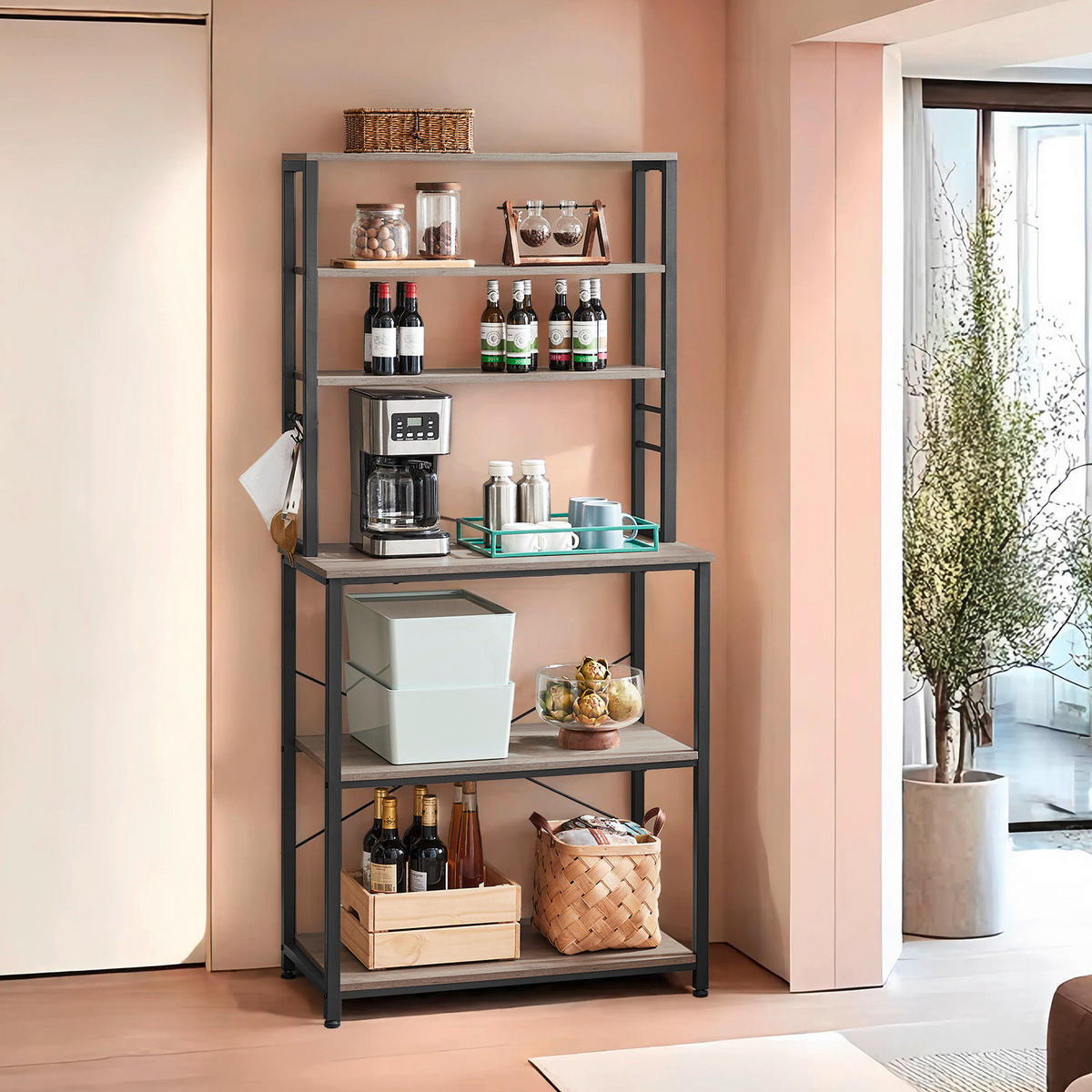 REGÁL, čierna, sivobéžová, oceľ, 80/167/40 cm - čierna/sivobéžová, Modern, kov/kompozitné drevo (80/167/40cm) - MID.YOU