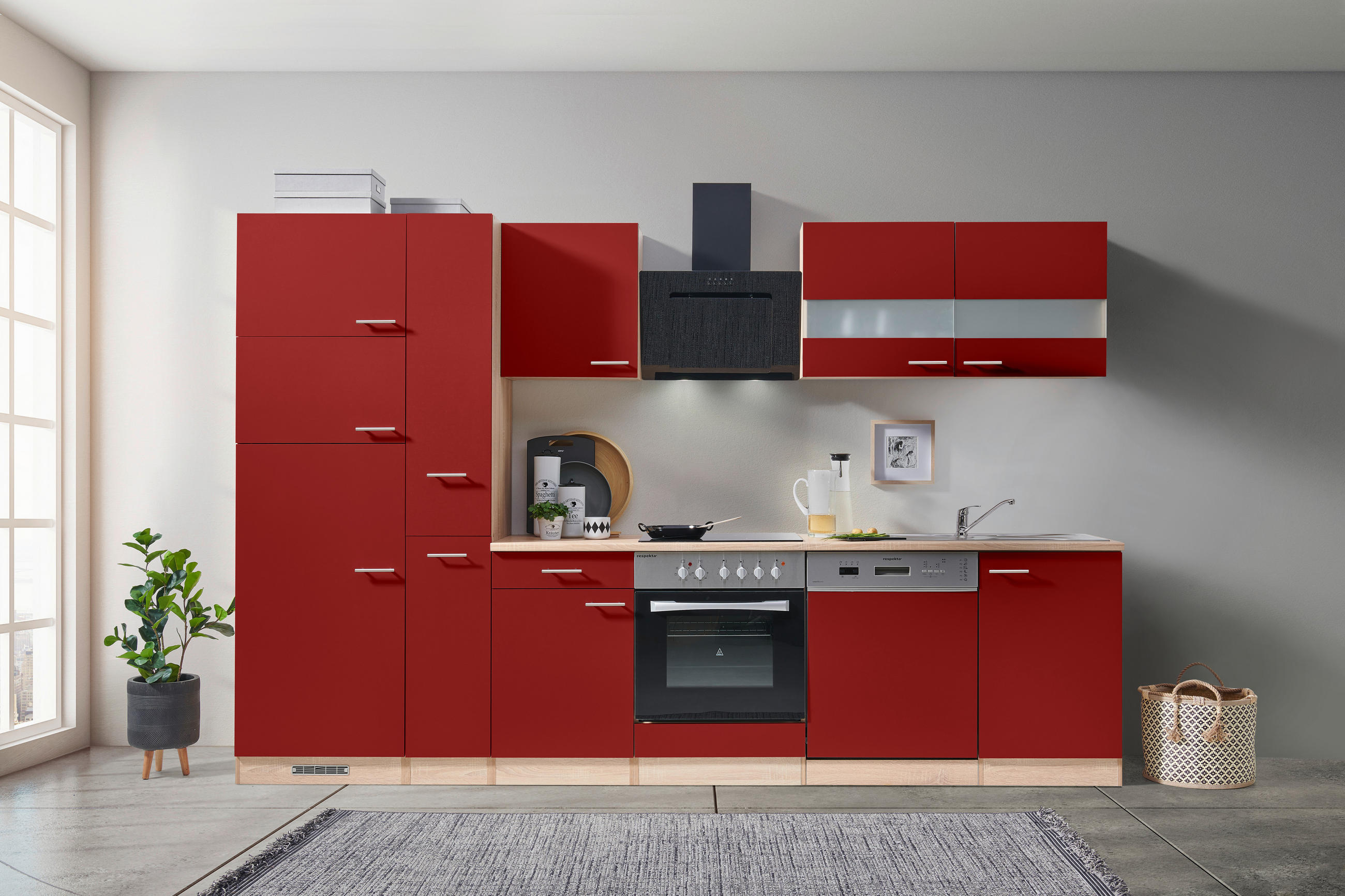 KÜCHENBLOCK 310 cm Rot, Eichefarben E-Geräte, Spüle, Geschirrspüler, Kühlgefrierkombination - Eichefarben/Rot, Basics (310cm) - Respekta