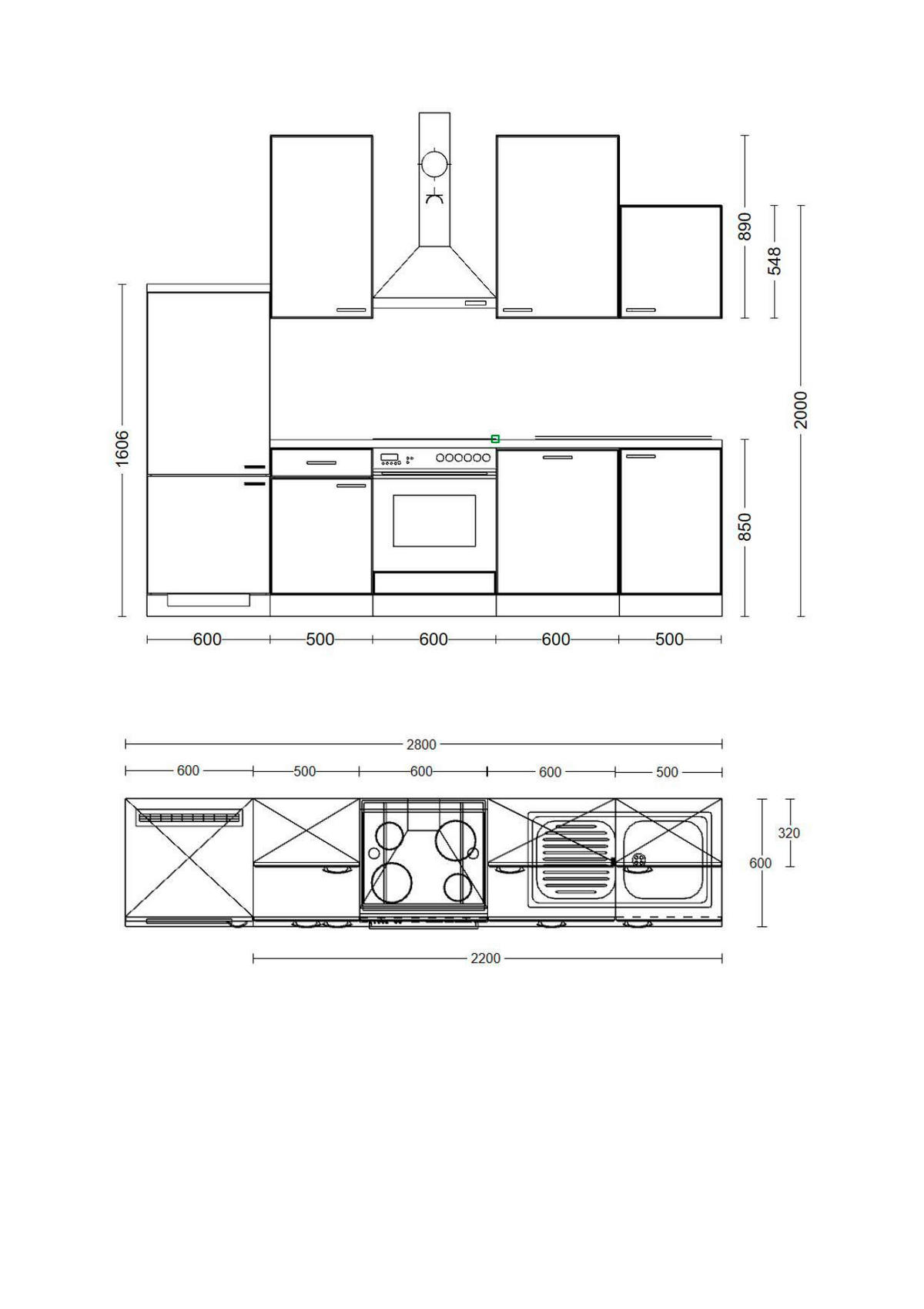 KÜCHENBLOCK 280 cm  in Eichefarben, Magnolie  - Eichefarben/Magnolie, Trend, Holzwerkstoff/Metall (280cm) - FlexWell