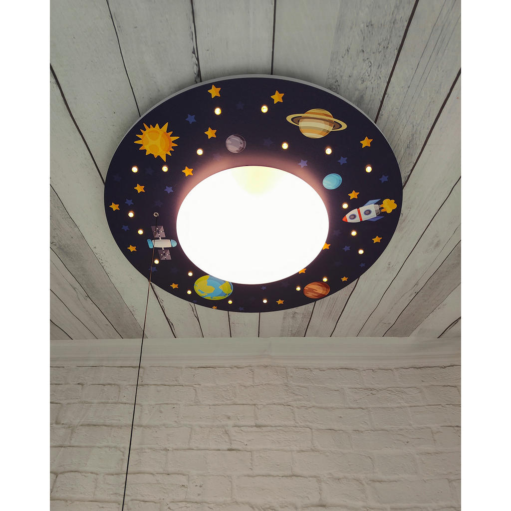 Thumbnail - Kinderdeckenleuchte, Mehrfarbig, Weiß, Kunststoff, Holzwerkstoff, Weltall,Weltall, 11 cm, Zugschalter, Lampen & Leuchten...