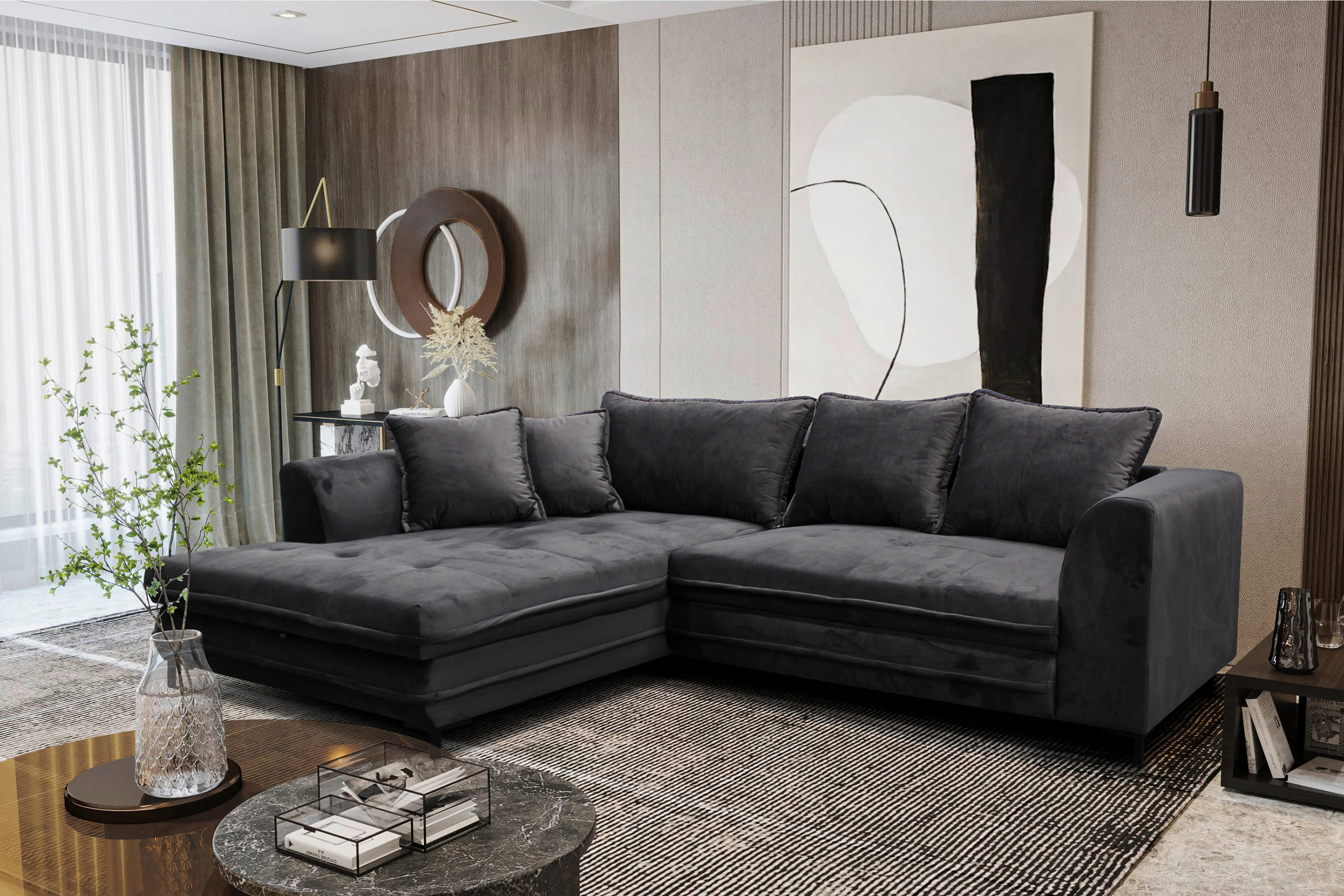 ECKSOFA in Velours Grau  187/277 cm  - Schwarz/Grau, Design, Textil/Metall (187/277cm) - Livetastic