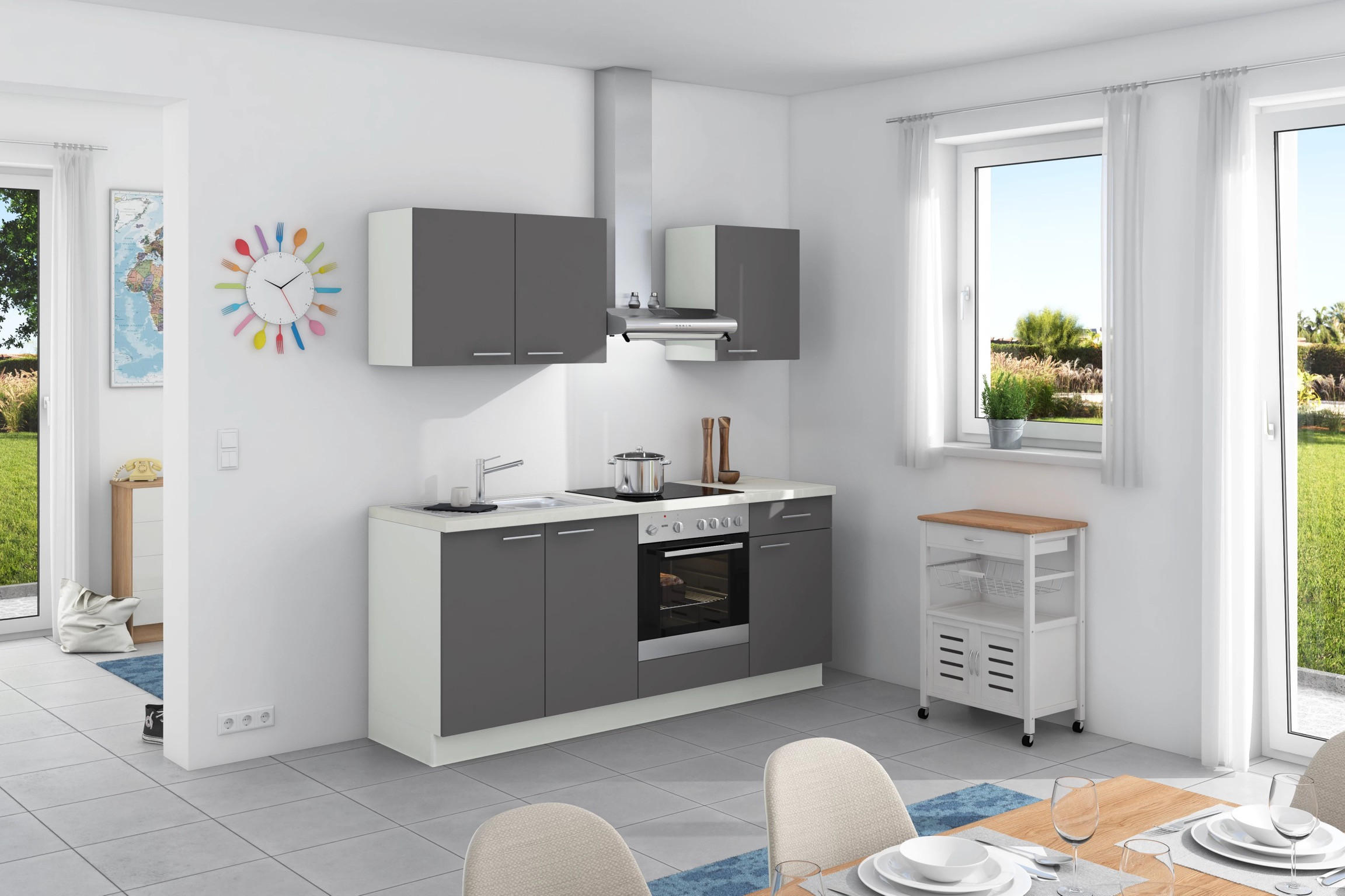 Küchenzeile Base ohne Geräte 200 cm Weiß/Anthrazit