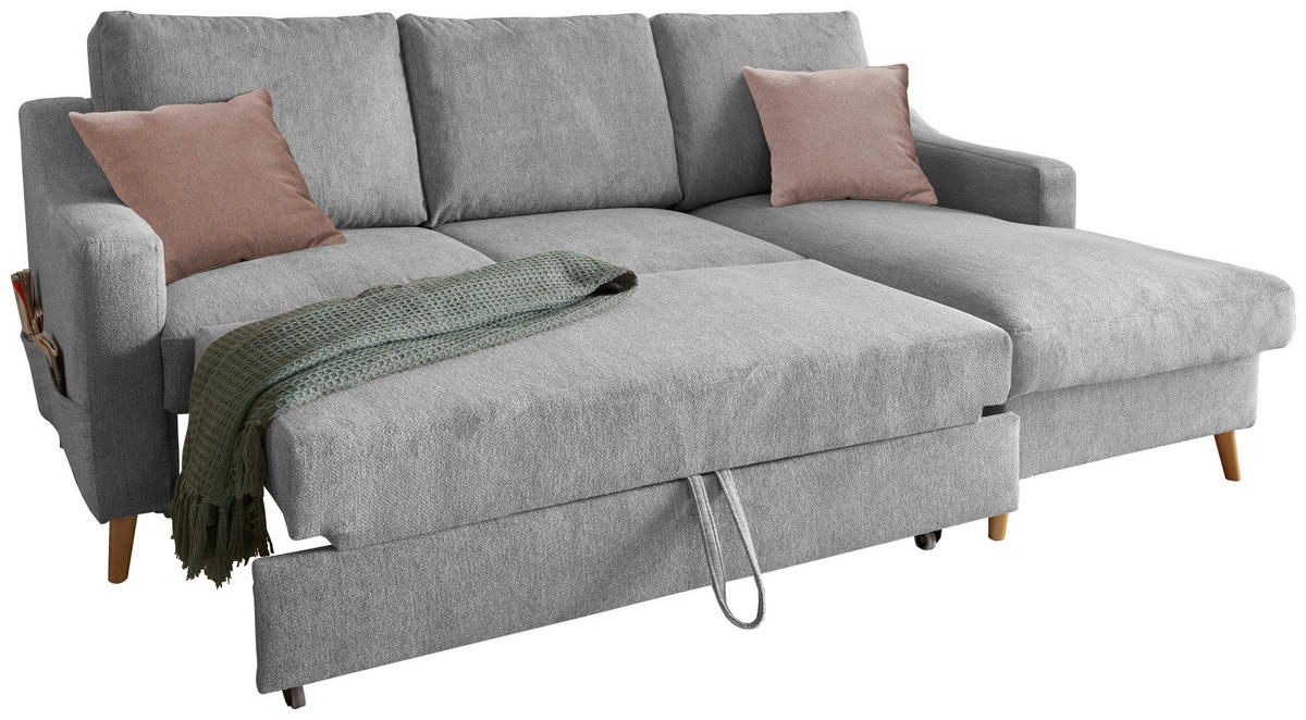 ECKSOFA Mikrofaser Grau  - Dunkelrosa/Naturfarben, Design, Holz/Textil (228/150cm) - MID.YOU