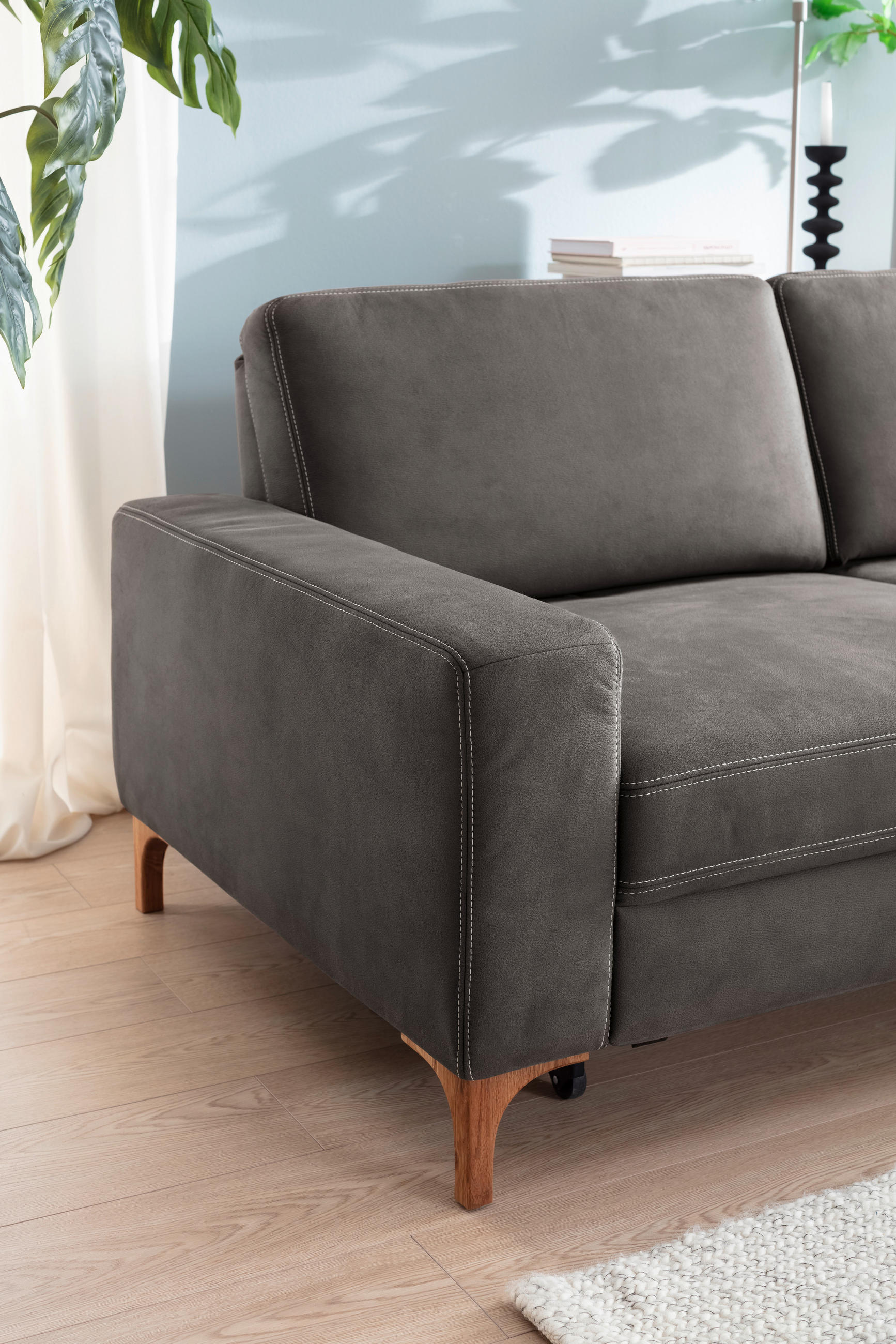 Thumbnail - Pure Home Lifestyle Ecksofa, Anthrazit, Textil, Eiche, 4-Sitzer, Ottomane links, L-Form, 276x185 cm, Goldenes M, Dgm, er...