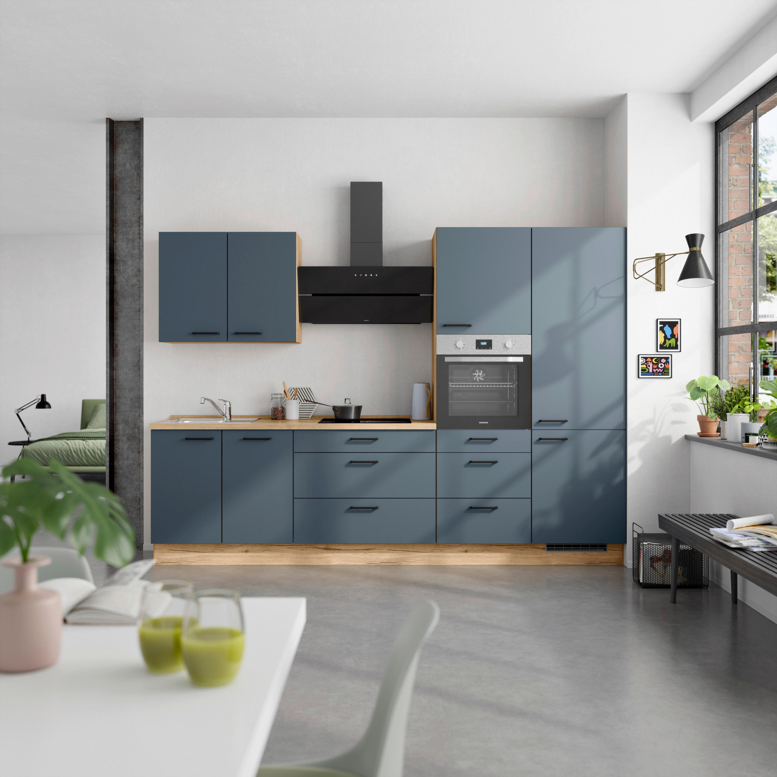 KÜCHENBLOCK 300 cm   in Eichefarben, Dunkelblau  - Eichefarben/Schwarz, MODERN, Holzwerkstoff/Metall (300cm) - Nobilia