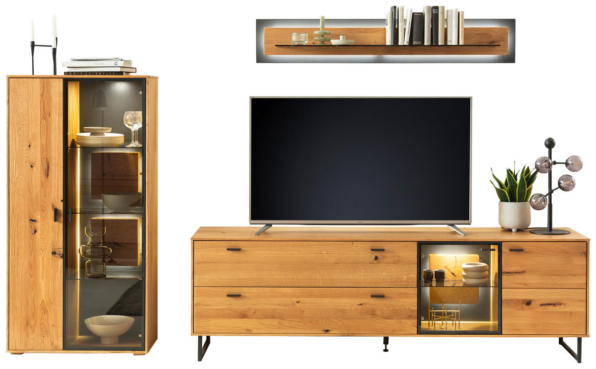 WOHNWAND  in Wildeiche 306/188/50 cm  - Wildeiche/Schwarz, Design, Glas/Holz (306/188/50cm) - MID.YOU