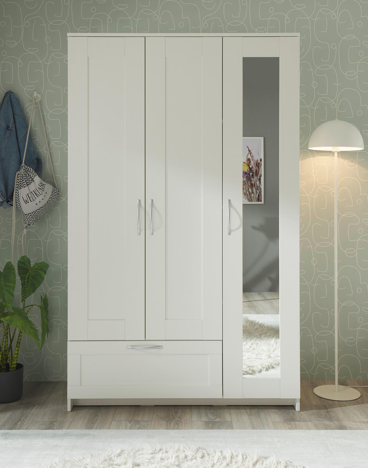 KLEIDERSCHRANK 117/191/50 cm 3-türig Weiß  - Alufarben/Weiß, KONVENTIONELL, Glas/Holzwerkstoff (117/191/50cm) - Boxxx