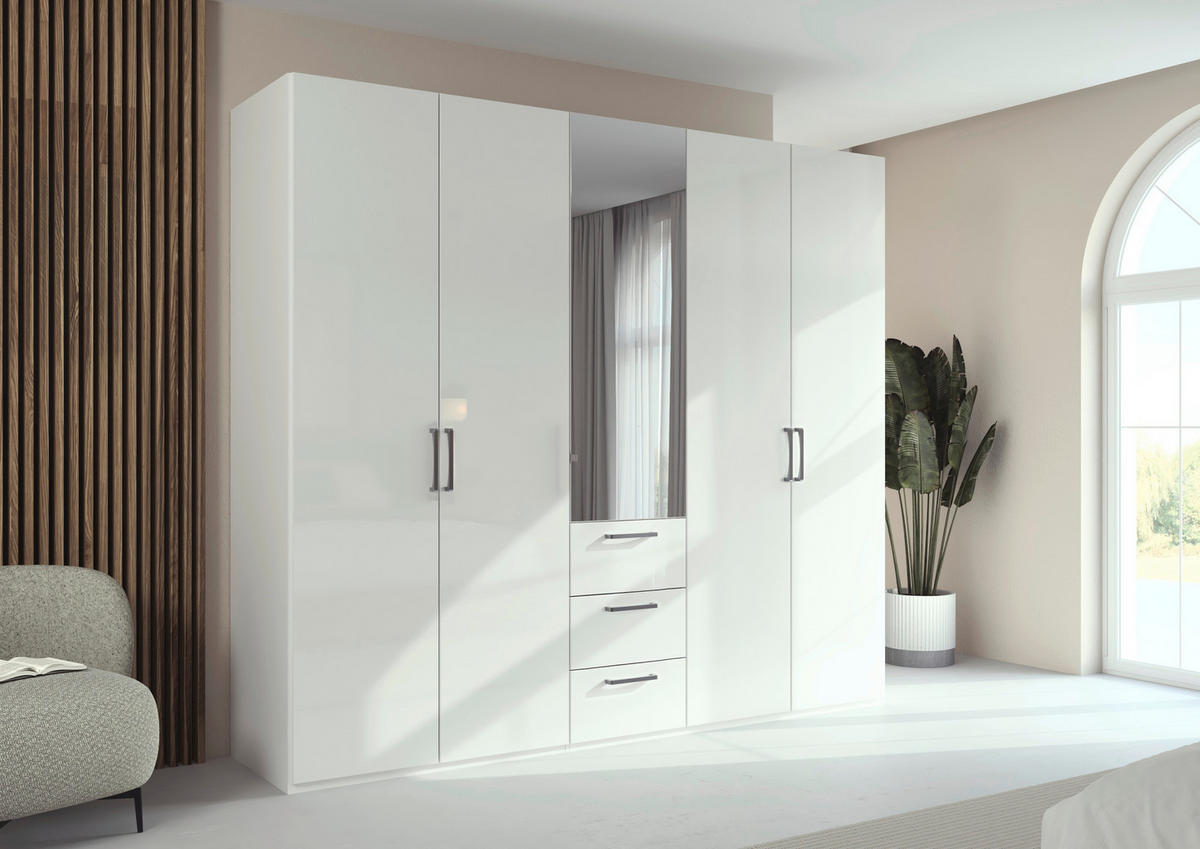 DREHTÜRENSCHRANK 251/223/61 cm,  in Weiß, Weiß Hochglanz, 5-türig  - Chromfarben/Edelstahlfarben, Basics, Glas/Holzwerkstoff (251/223/61cm) - Novel