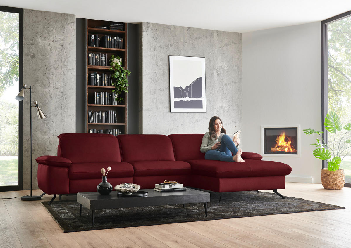 ECKSOFA  Echtleder Bordeaux  - Bordeaux/Schwarz, Design, Leder/Metall (307/169cm) - Beldomo Premium