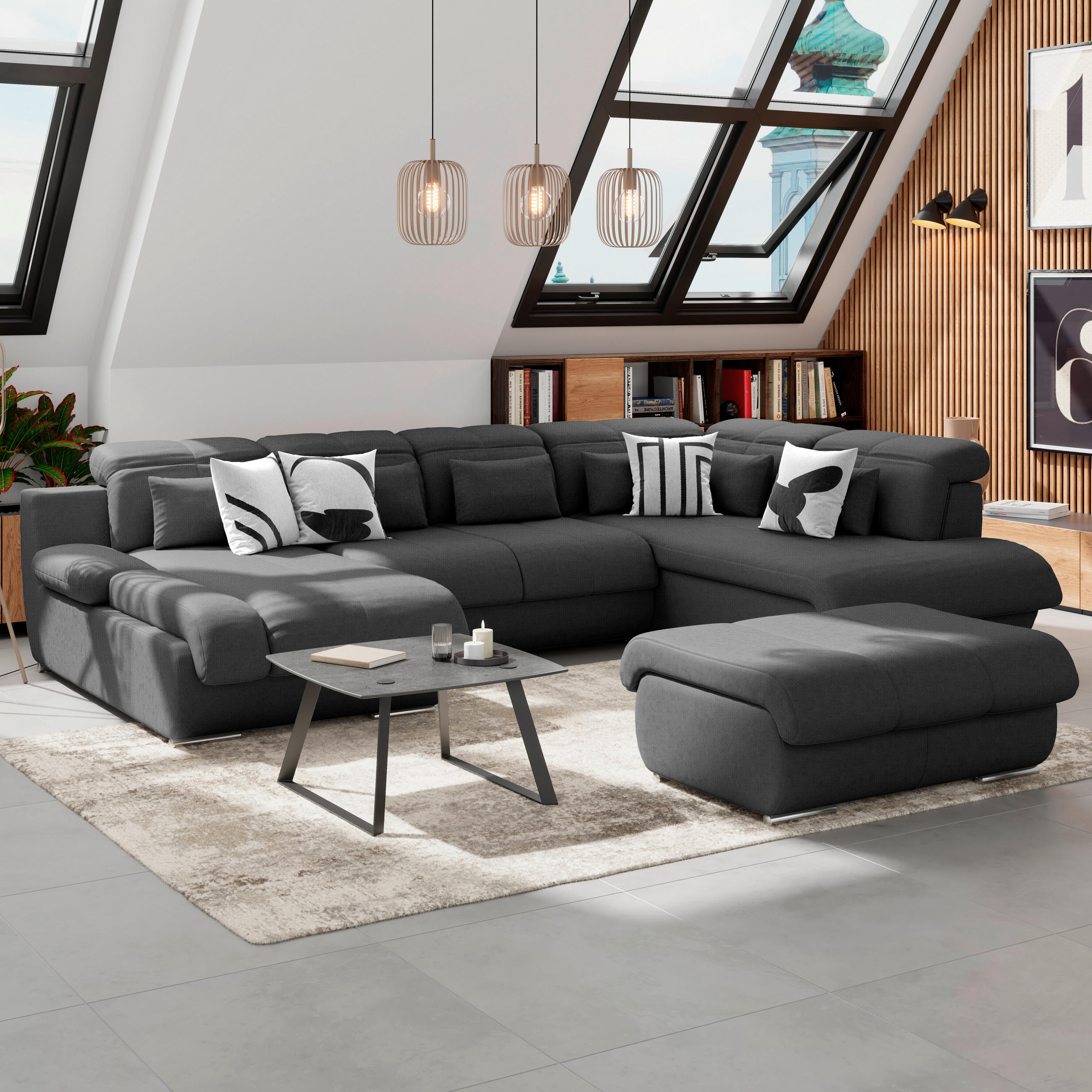 HOCKER in Textil Anthrazit  - Chromfarben/Anthrazit, Modern, Textil/Metall (100/43/80cm) - MID.YOU